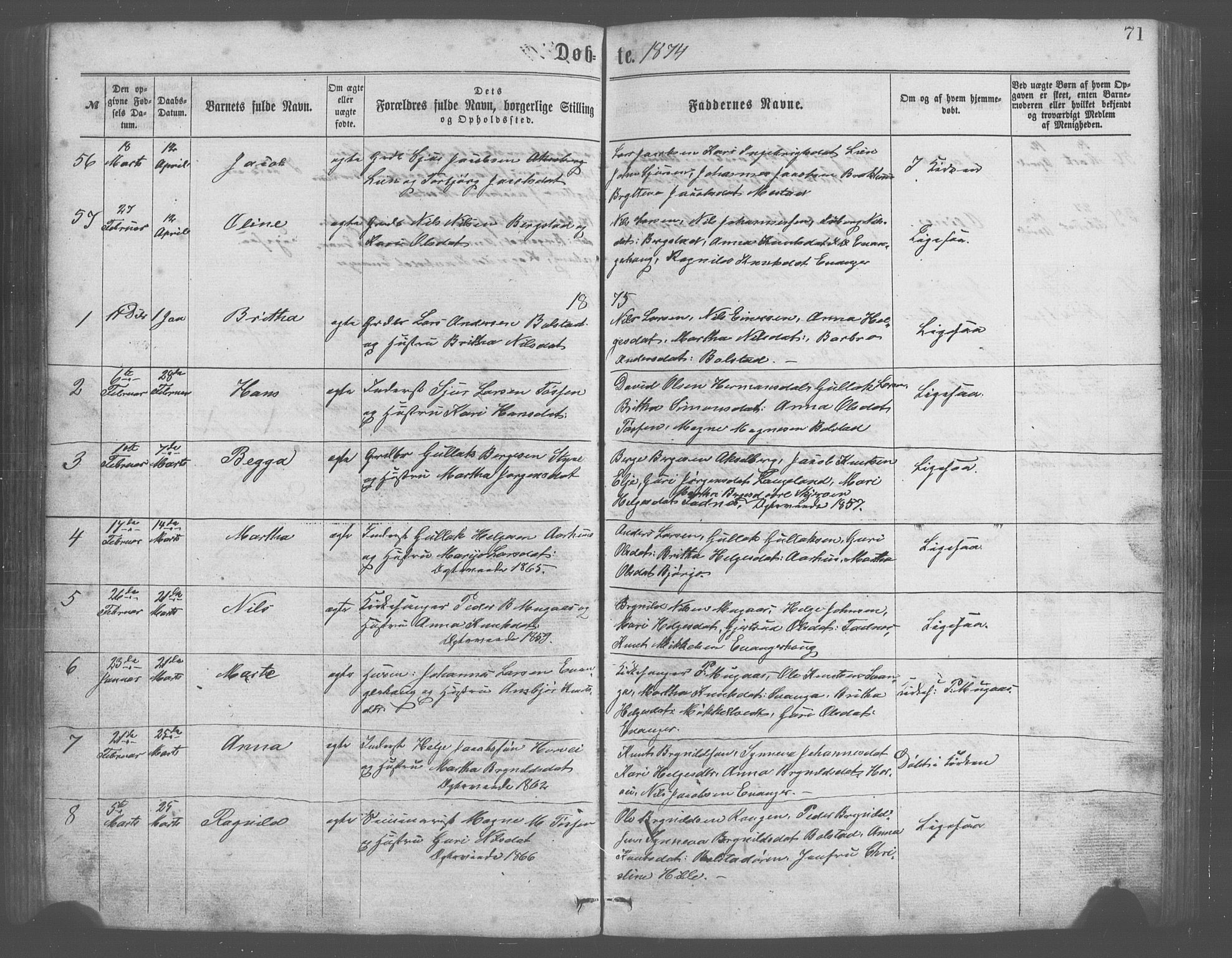 Evanger sokneprestembete, AV/SAB-A-99924: Parish register (copy) no. A 2, 1863-1879, p. 71