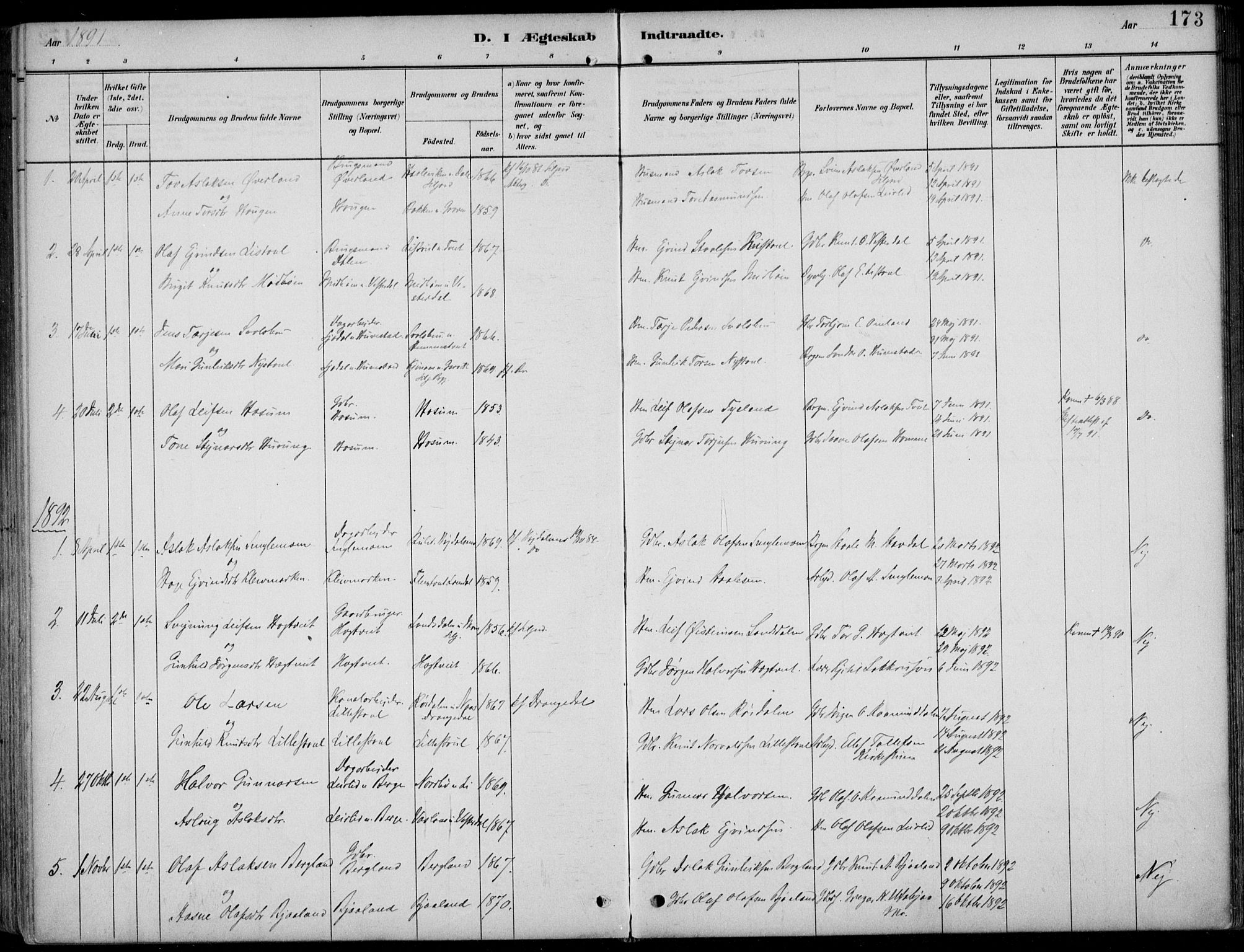 Kviteseid kirkebøker, AV/SAKO-A-276/F/Fb/L0002: Parish register (official) no. II 2, 1882-1916, p. 173