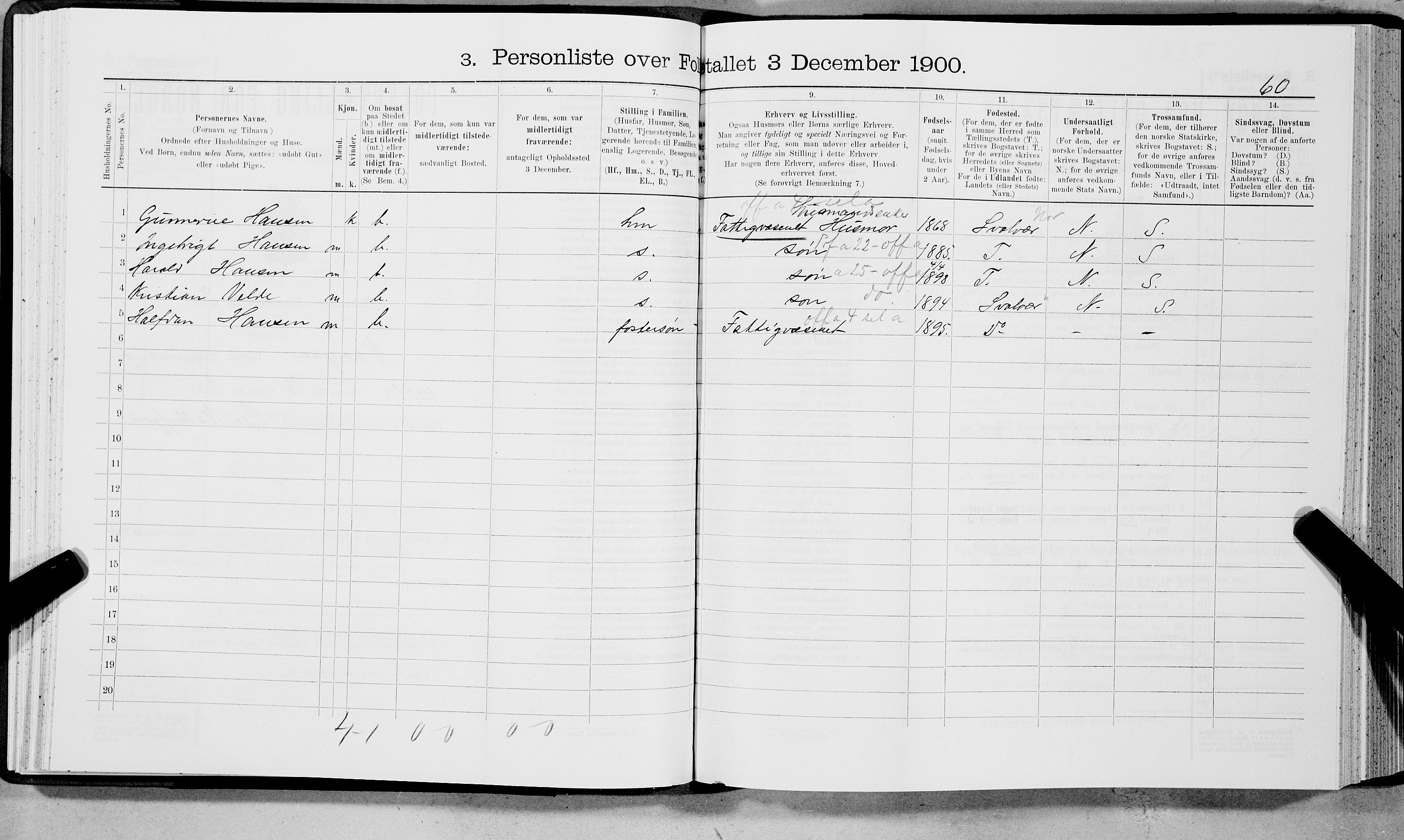 SAT, 1900 census for Vågan, 1900, p. 958