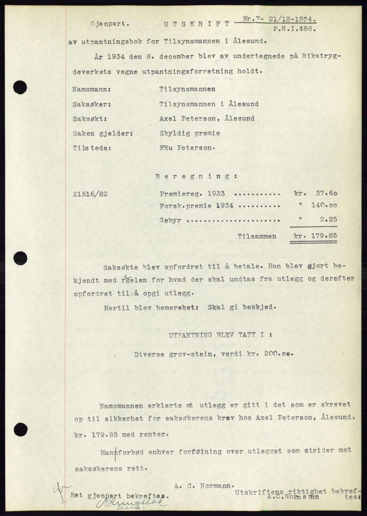 Ålesund byfogd, AV/SAT-A-4384: Mortgage book no. 32, 1934-1935, Deed date: 21.12.1934