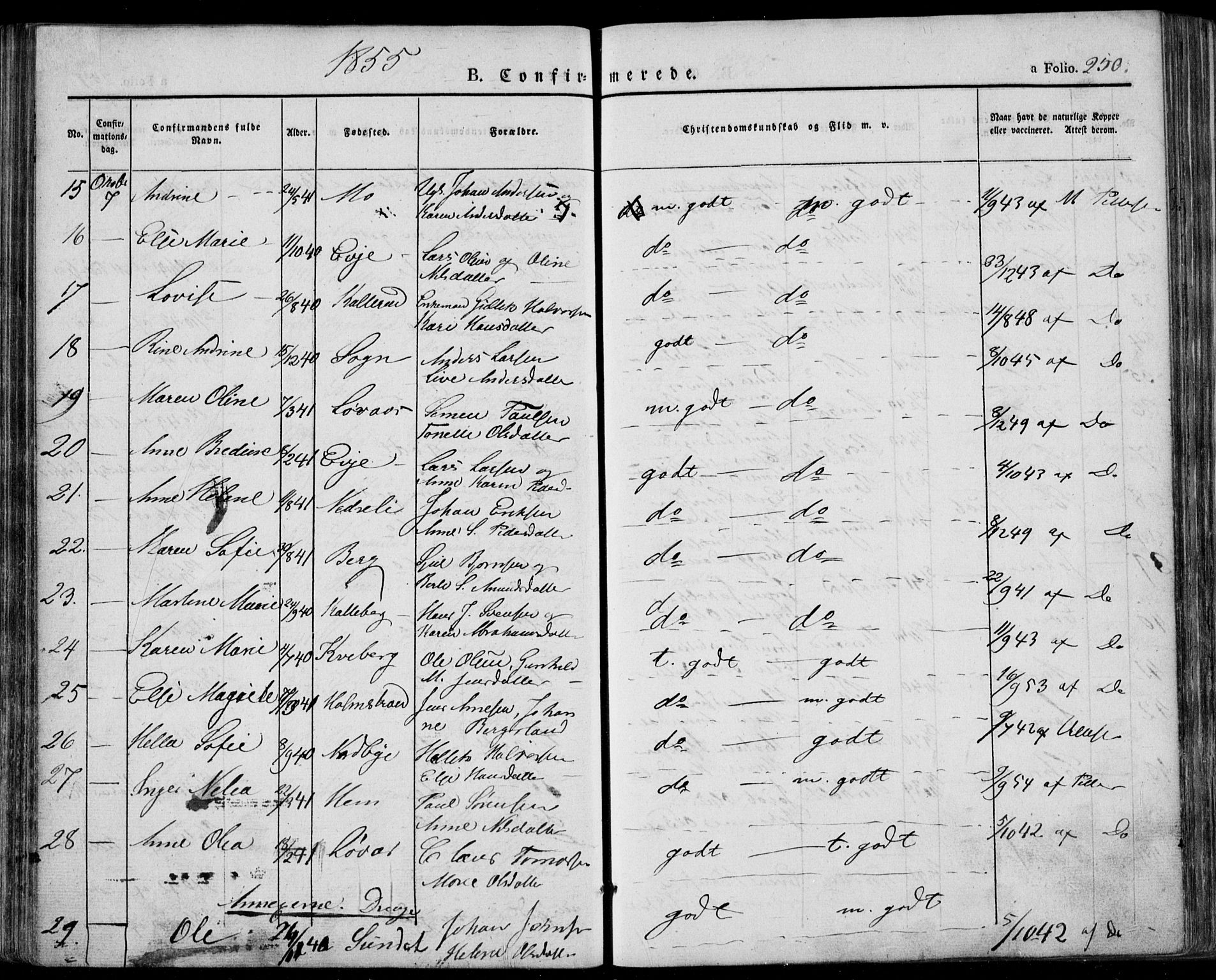 Lardal kirkebøker, AV/SAKO-A-350/F/Fa/L0006: Parish register (official) no. I 6, 1835-1860, p. 250