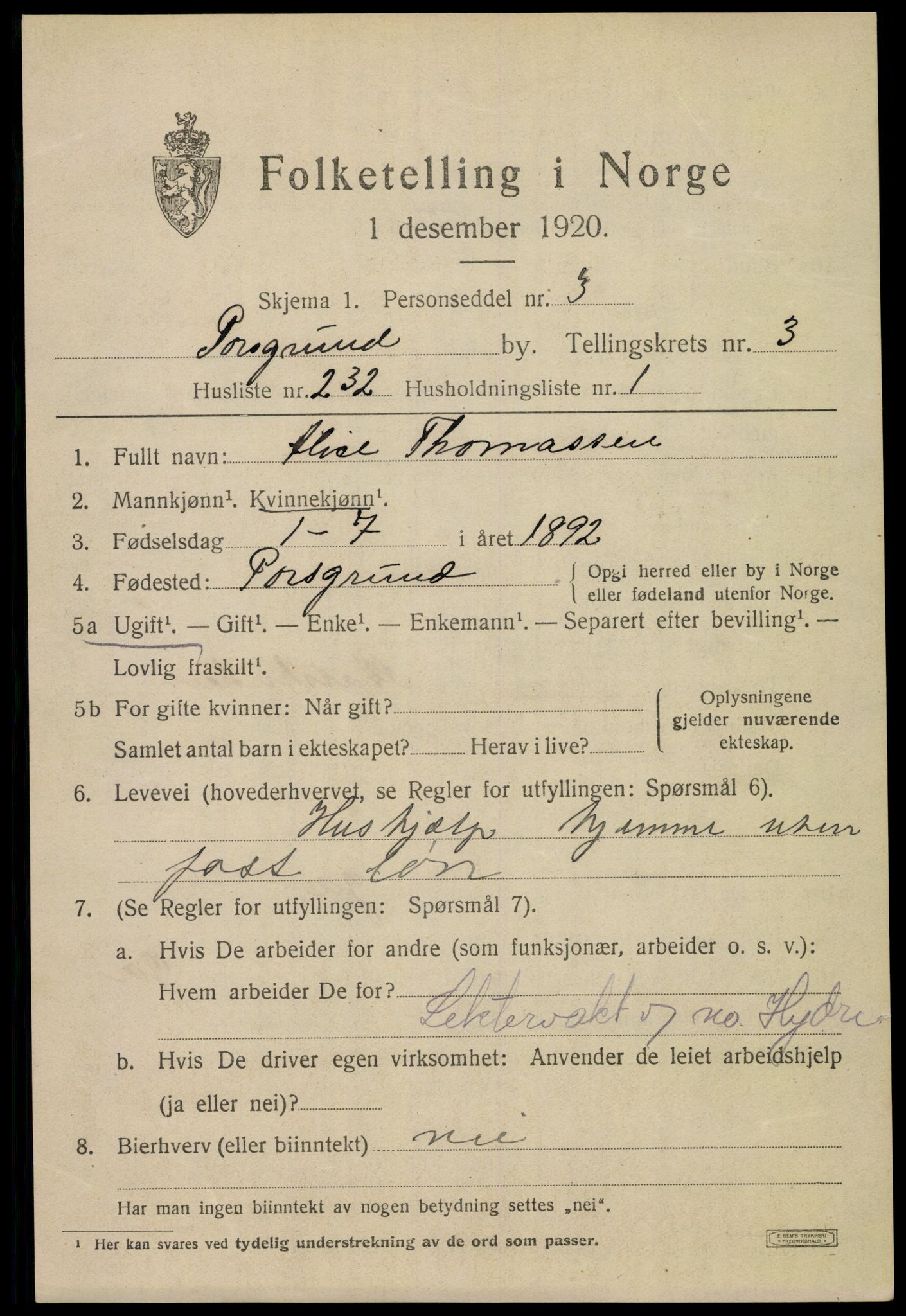 SAKO, 1920 census for Porsgrunn, 1920, p. 17367