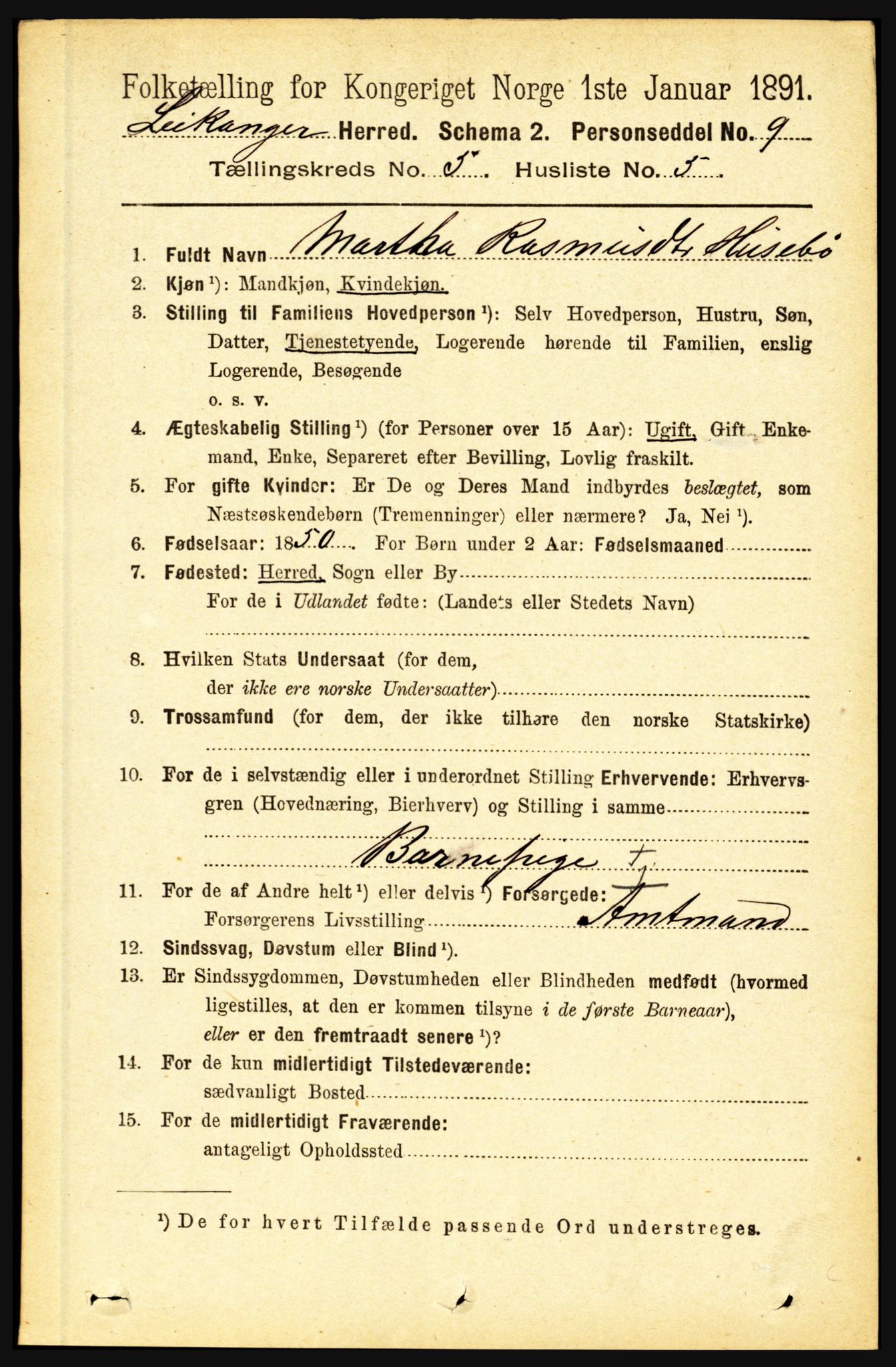 RA, 1891 census for 1419 Leikanger, 1891, p. 901