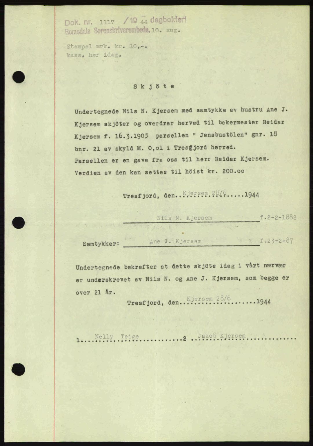 Romsdal sorenskriveri, SAT/A-4149/1/2/2C: Mortgage book no. A16, 1944-1944, Diary no: : 1117/1944
