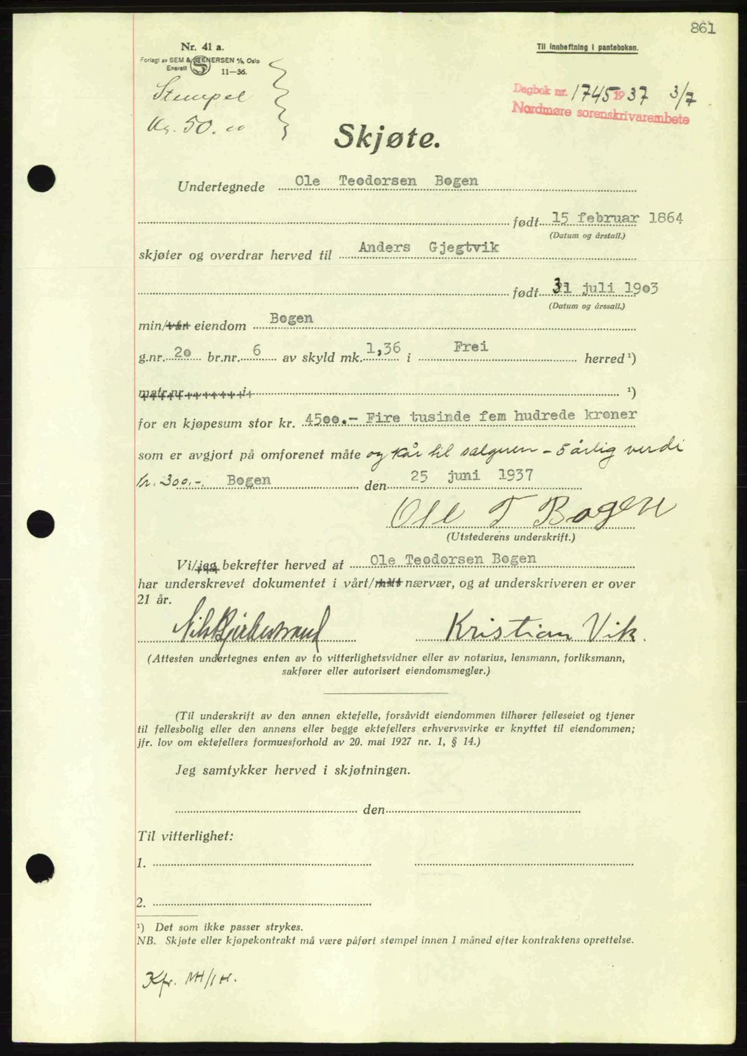 Nordmøre sorenskriveri, AV/SAT-A-4132/1/2/2Ca: Mortgage book no. A81, 1937-1937, Diary no: : 1745/1937