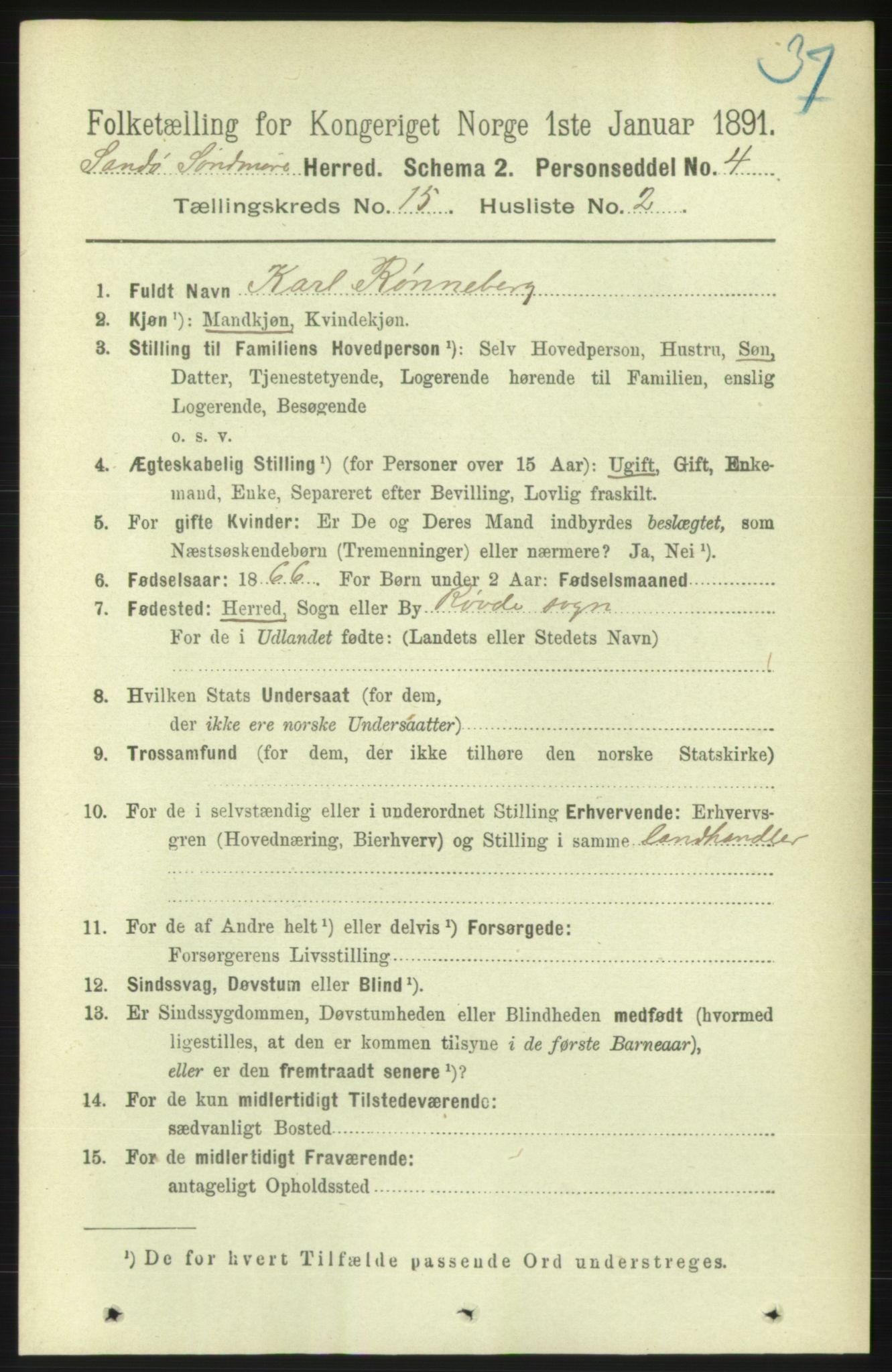 RA, 1891 census for 1514 Sande, 1891, p. 3019