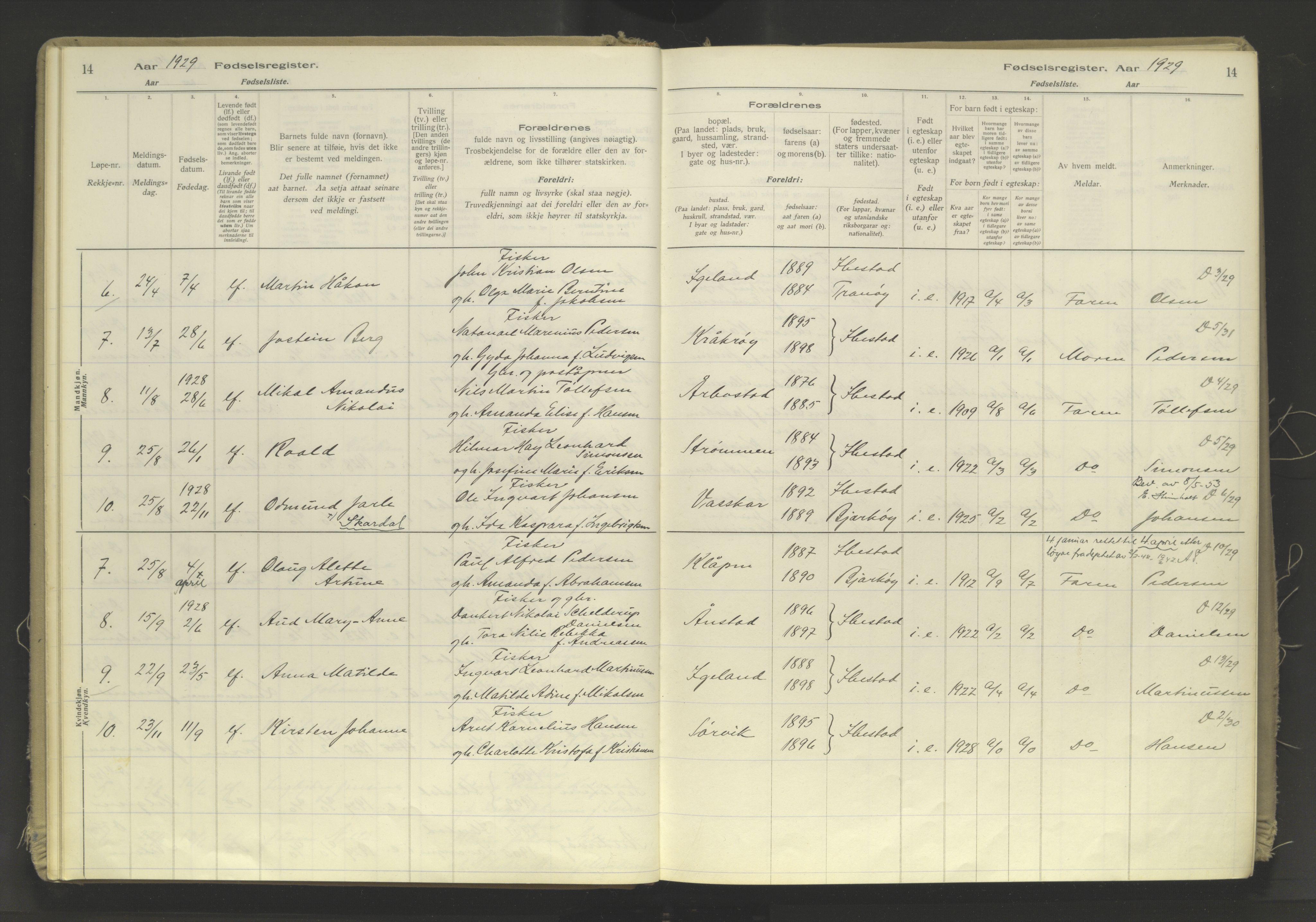 Ibestad sokneprestembete, AV/SATØ-S-0077/I/Ic/L0063: Birth register no. 63, 1926-1982, p. 14