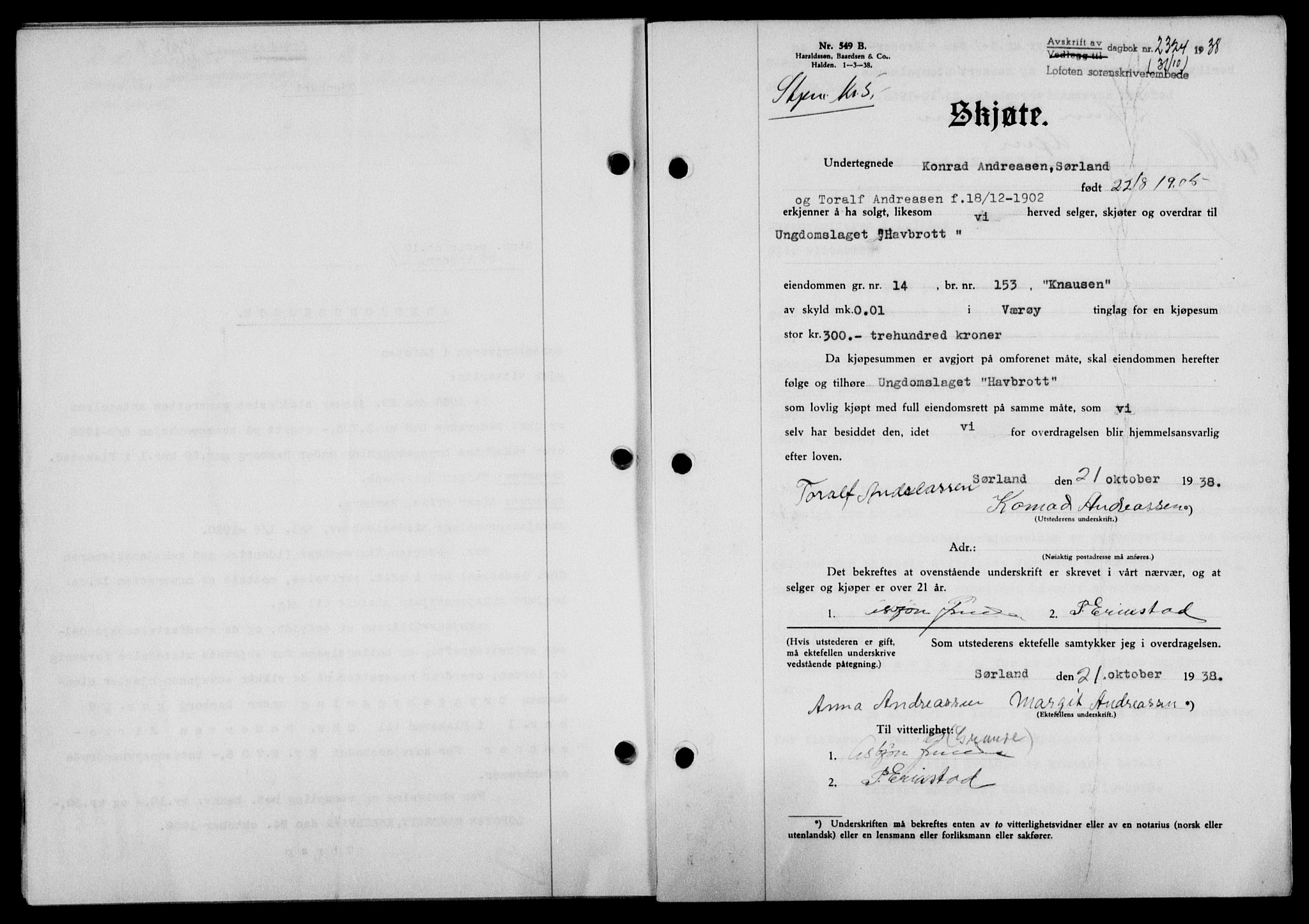 Lofoten sorenskriveri, SAT/A-0017/1/2/2C/L0004a: Mortgage book no. 4a, 1938-1938, Diary no: : 2324/1938