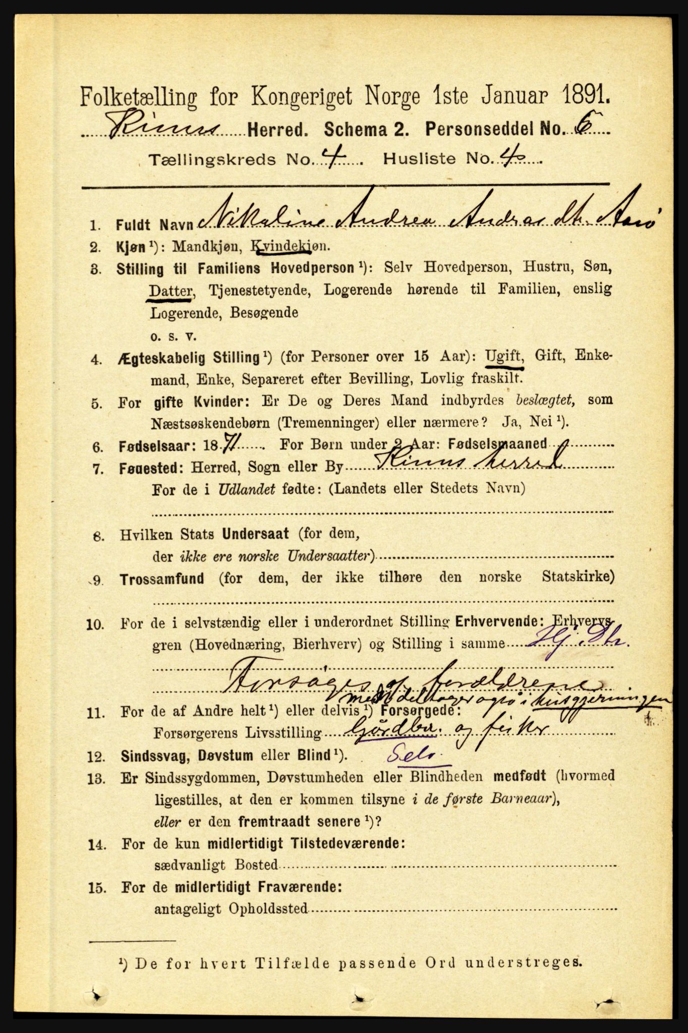RA, 1891 census for 1437 Kinn, 1891, p. 1345