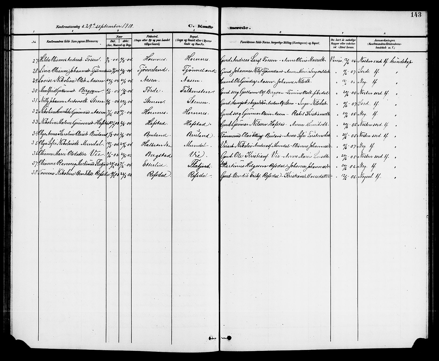 Førde sokneprestembete, AV/SAB-A-79901/H/Hab/Haba/L0003: Parish register (copy) no. A 3, 1899-1924, p. 143