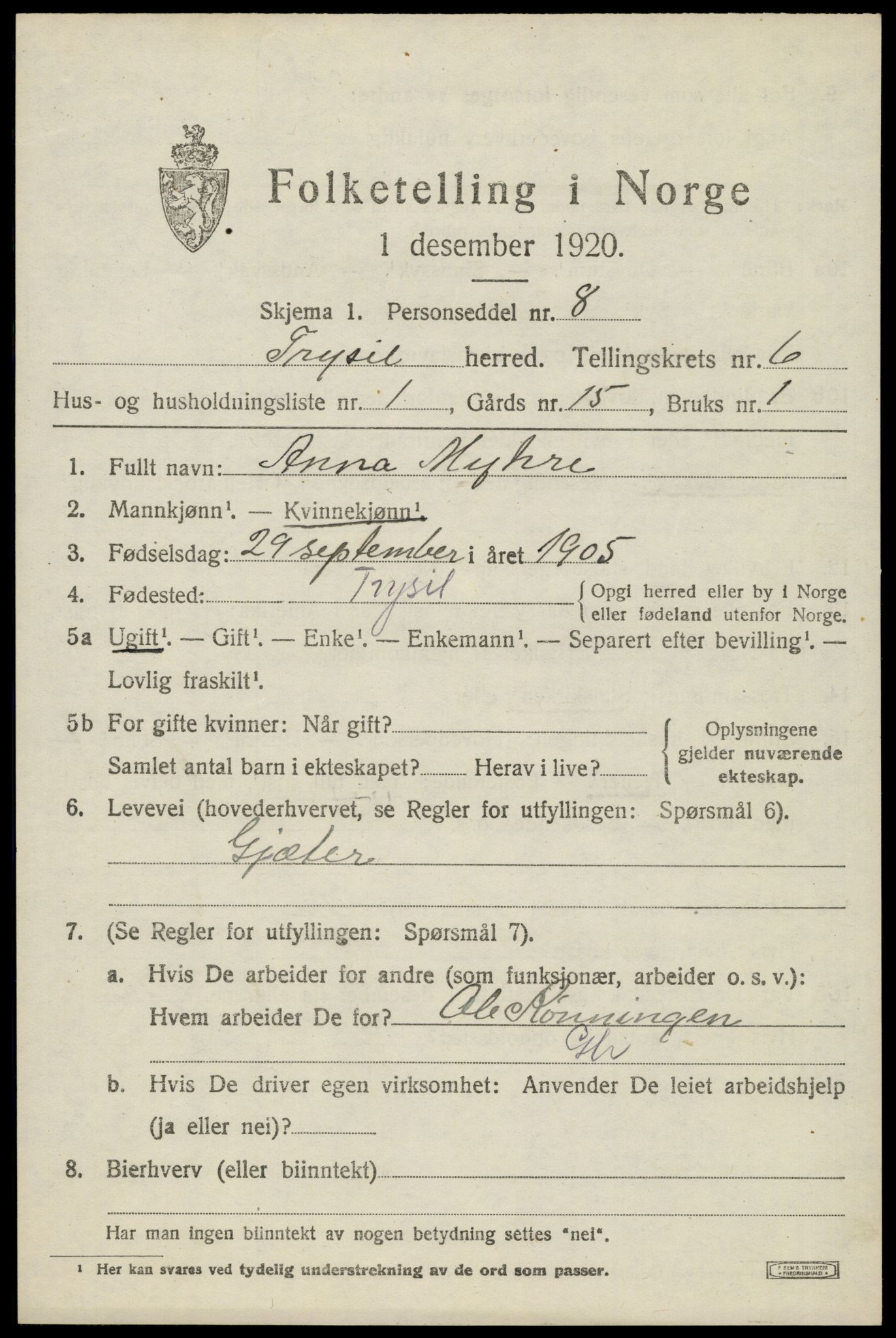 SAH, 1920 census for Trysil, 1920, p. 4543