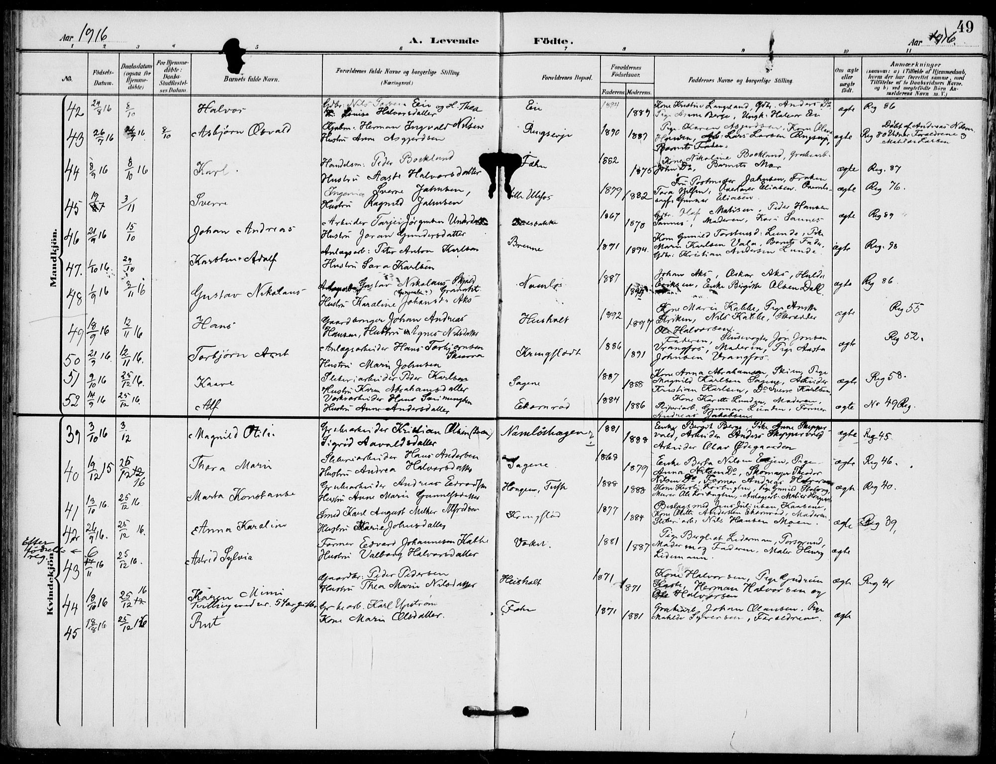 Holla kirkebøker, AV/SAKO-A-272/F/Fa/L0012: Parish register (official) no. 12, 1907-1923, p. 49