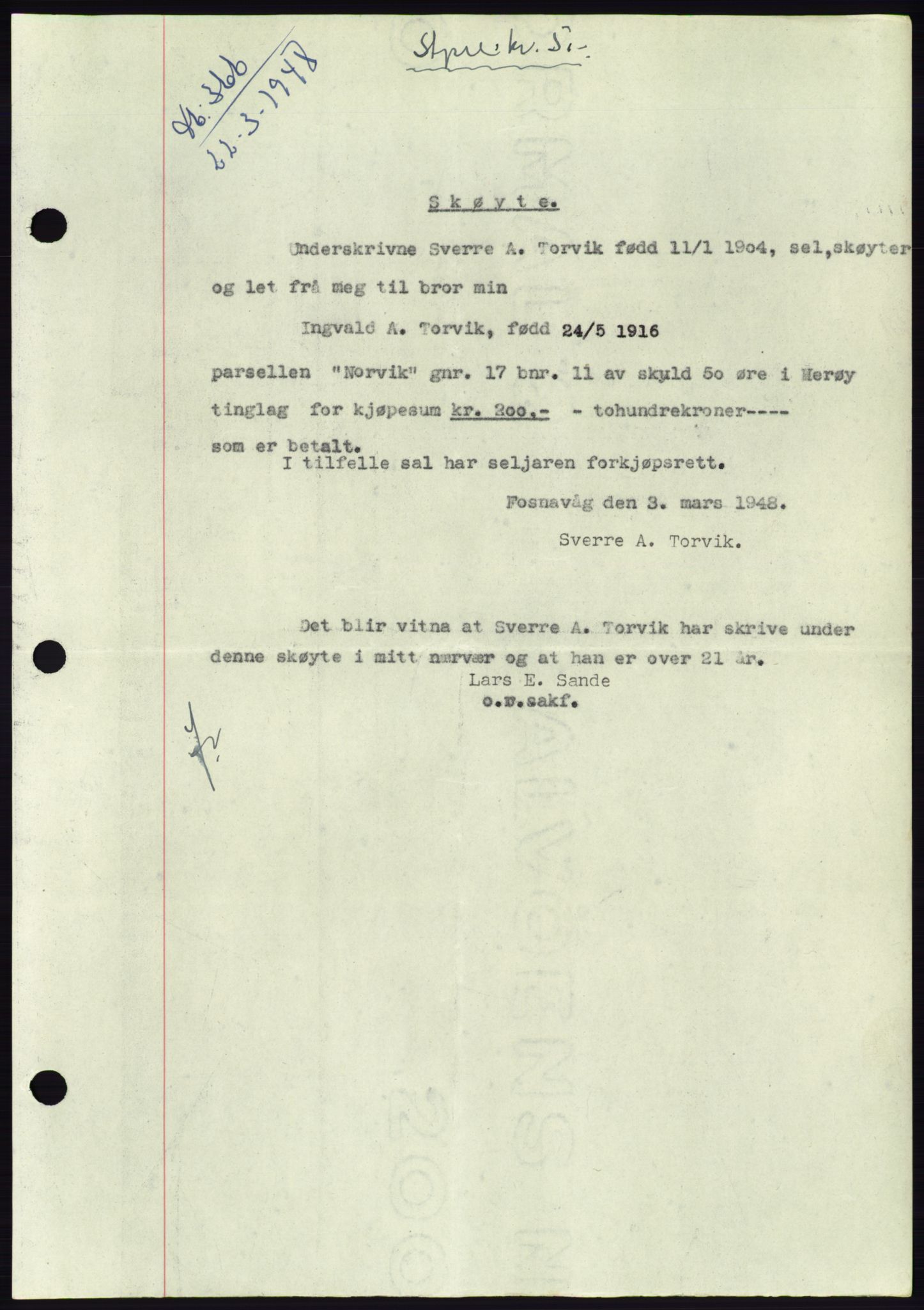 Søre Sunnmøre sorenskriveri, AV/SAT-A-4122/1/2/2C/L0082: Mortgage book no. 8A, 1948-1948, Diary no: : 366/1948