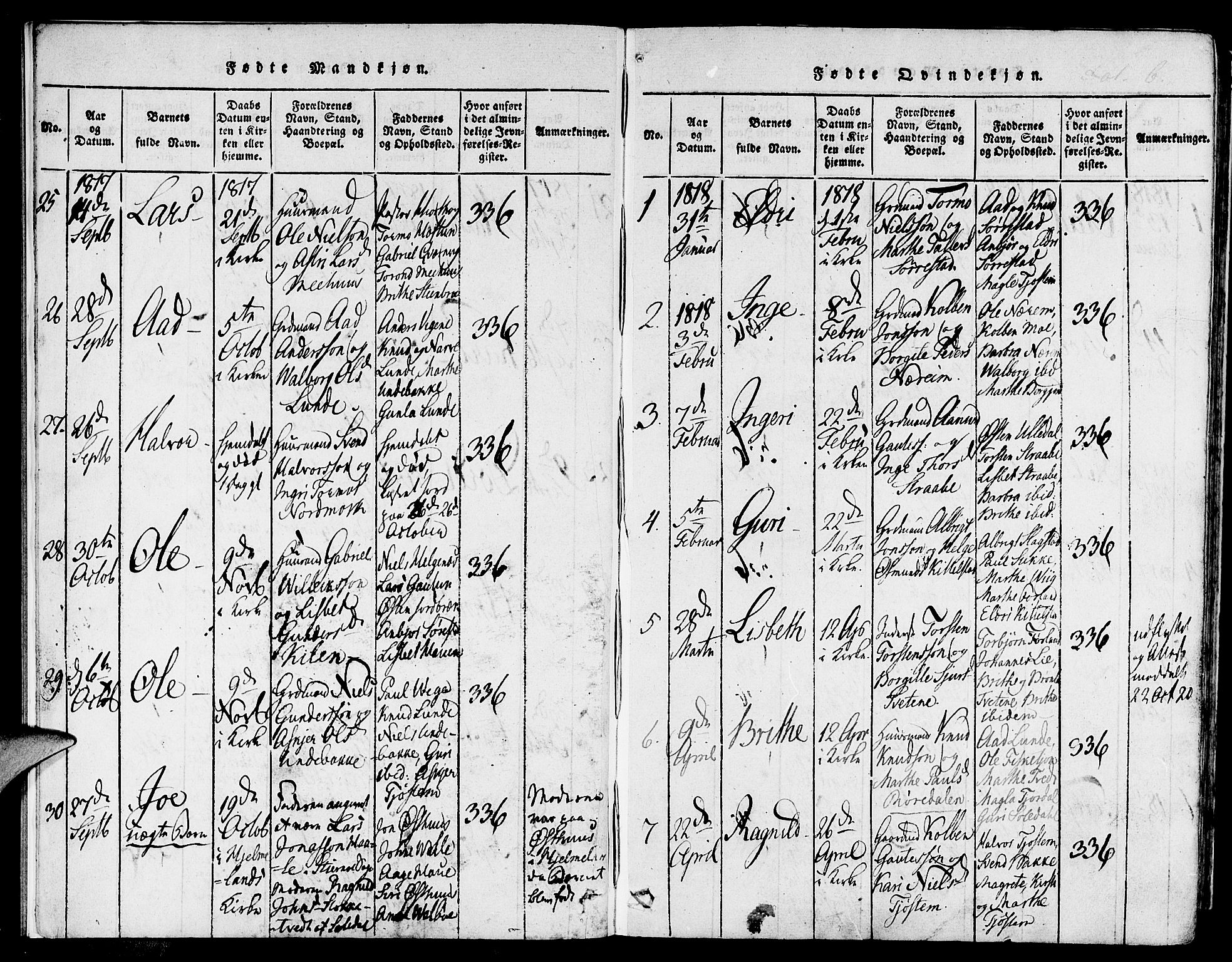 Suldal sokneprestkontor, SAST/A-101845/01/IV/L0006: Parish register (official) no. A 6, 1816-1836, p. 6