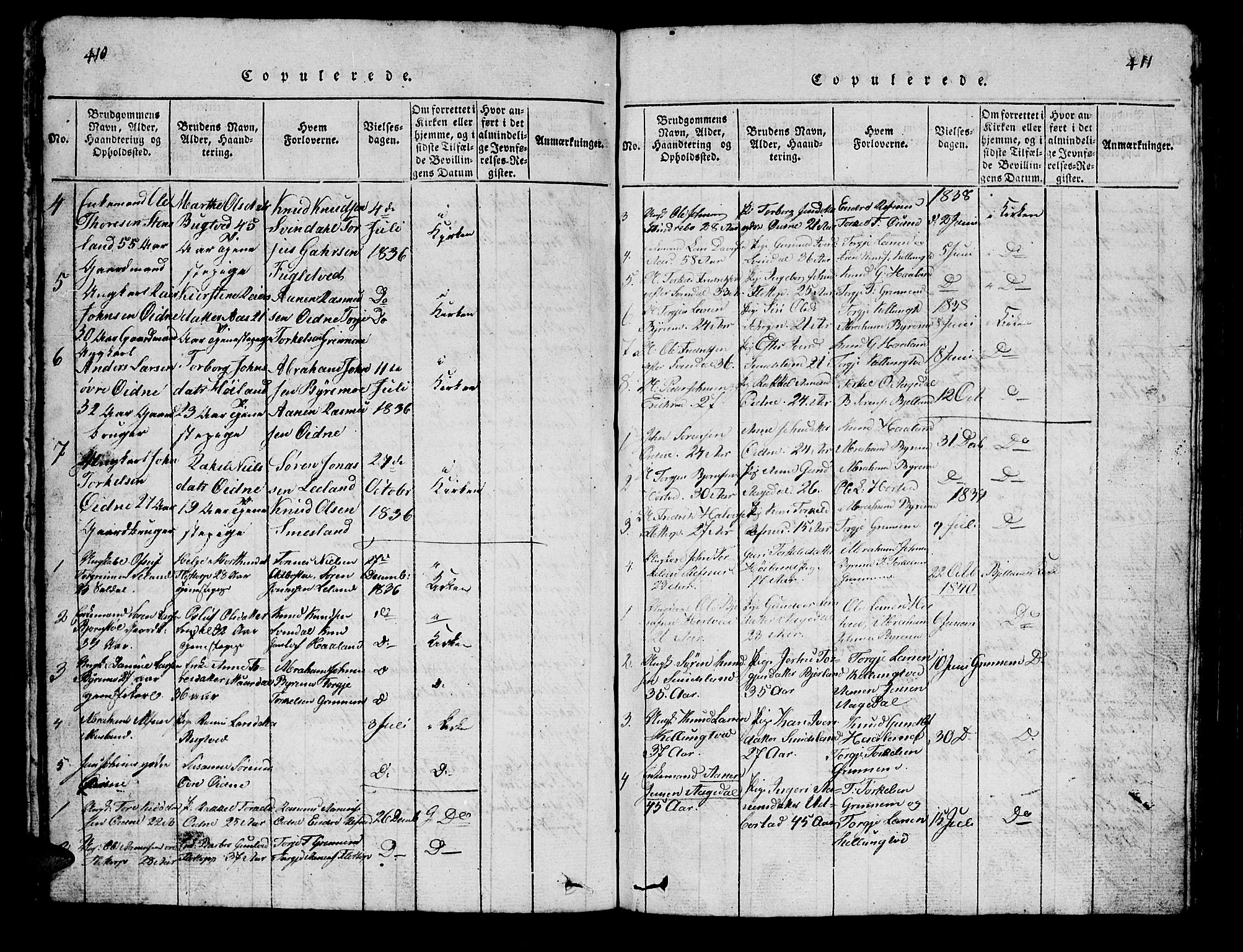 Bjelland sokneprestkontor, SAK/1111-0005/F/Fb/Fbc/L0001: Parish register (copy) no. B 1, 1815-1870, p. 410-411