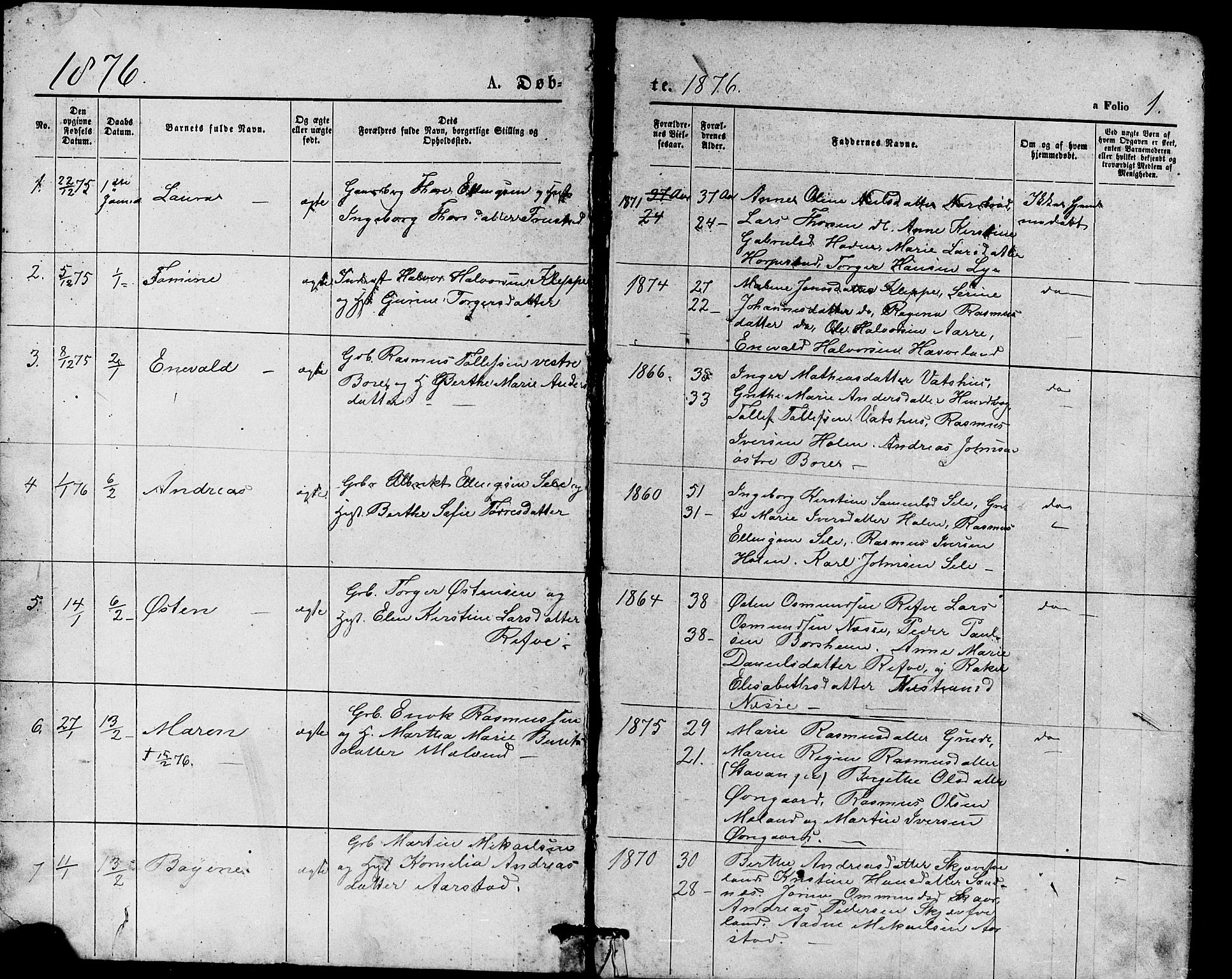 Klepp sokneprestkontor, SAST/A-101803/001/3/30BB/L0003: Parish register (copy) no. B 3, 1876-1888, p. 1