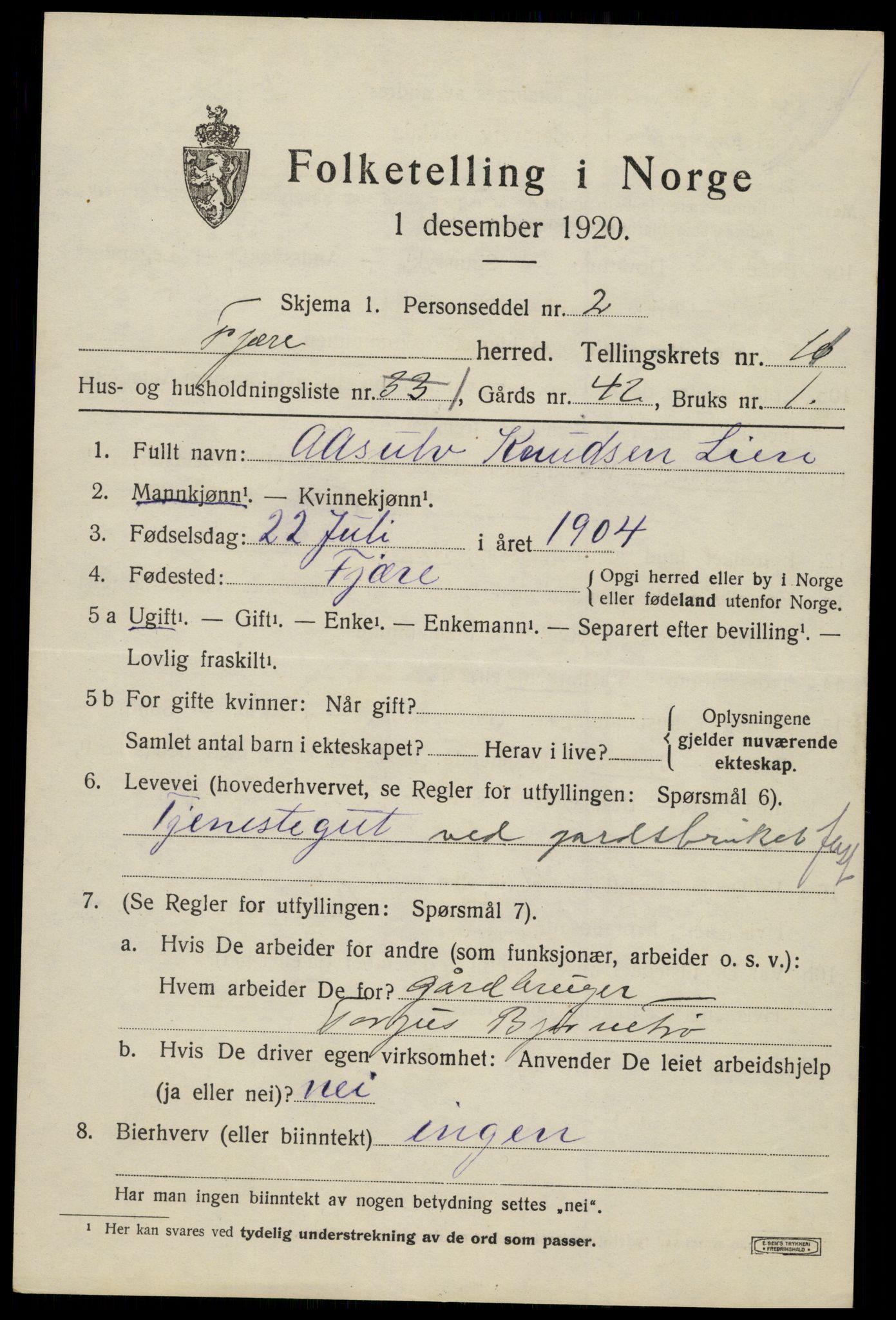 SAK, 1920 census for Fjære, 1920, p. 11729