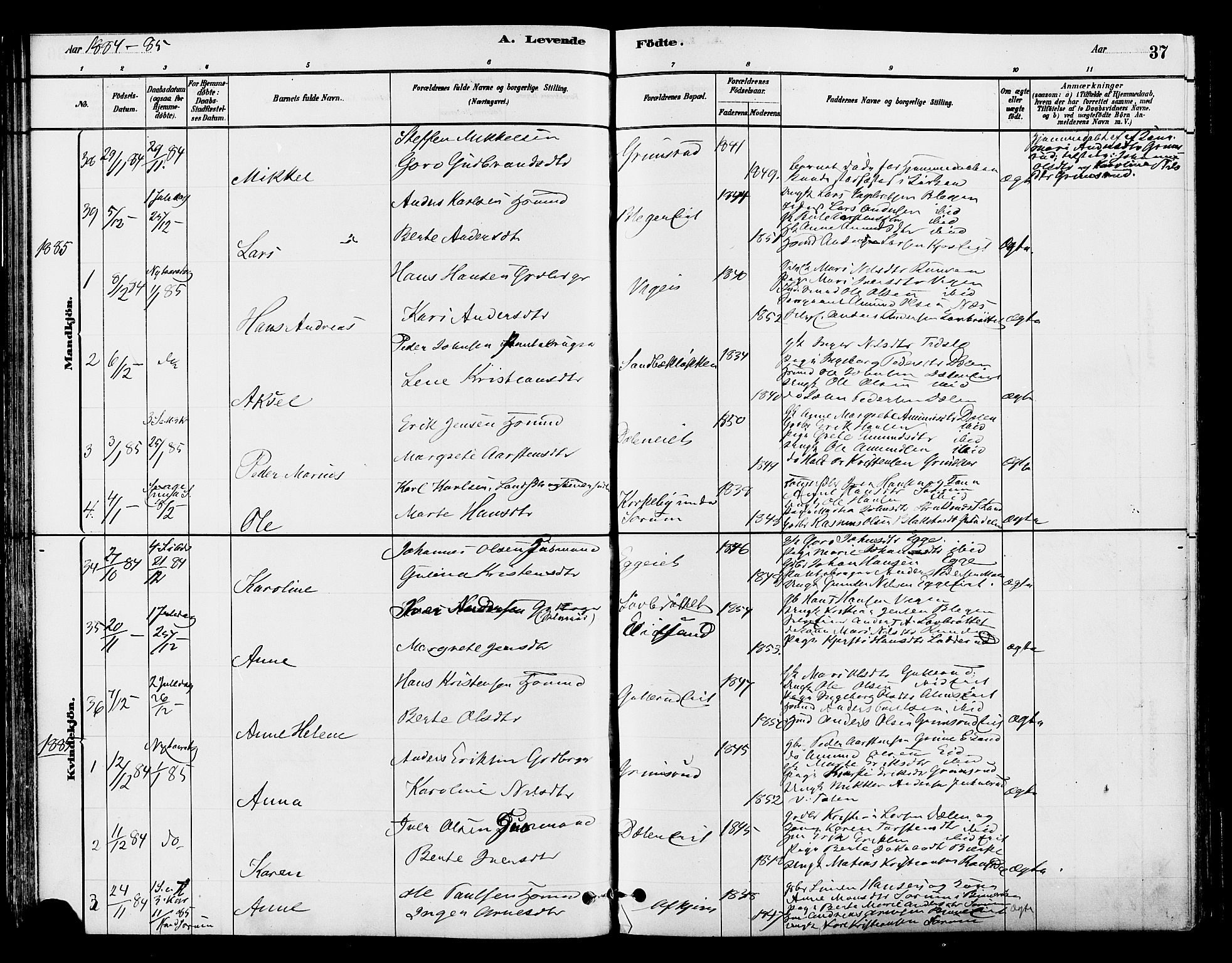 Gran prestekontor, SAH/PREST-112/H/Ha/Haa/L0015: Parish register (official) no. 15, 1880-1888, p. 37