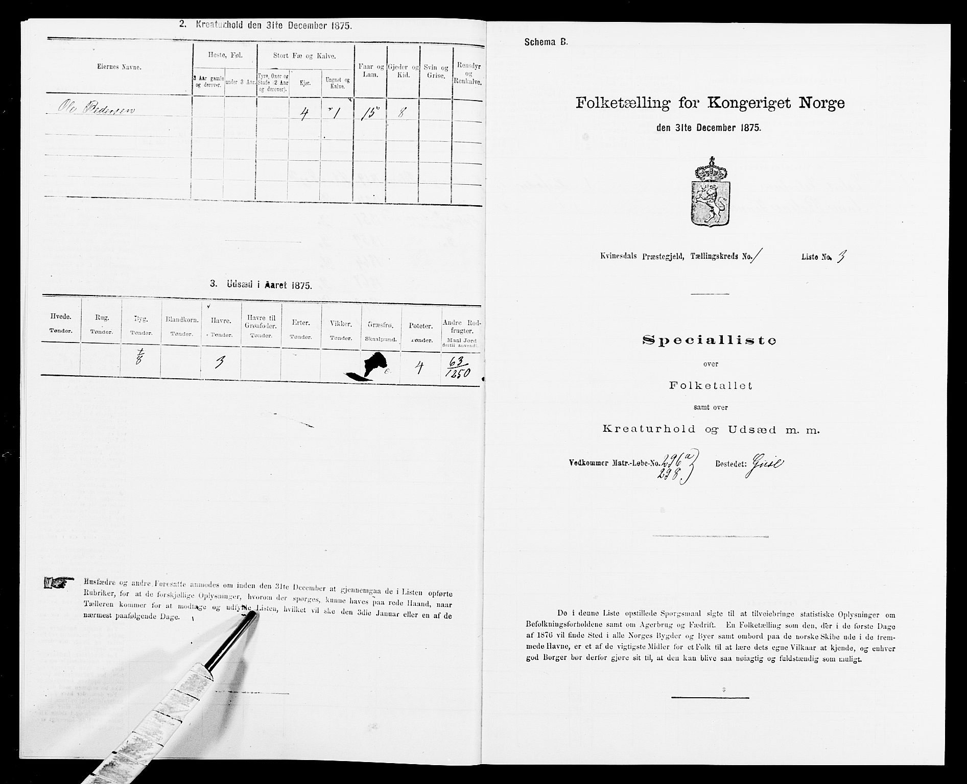 SAK, 1875 census for 1037P Kvinesdal, 1875, p. 95