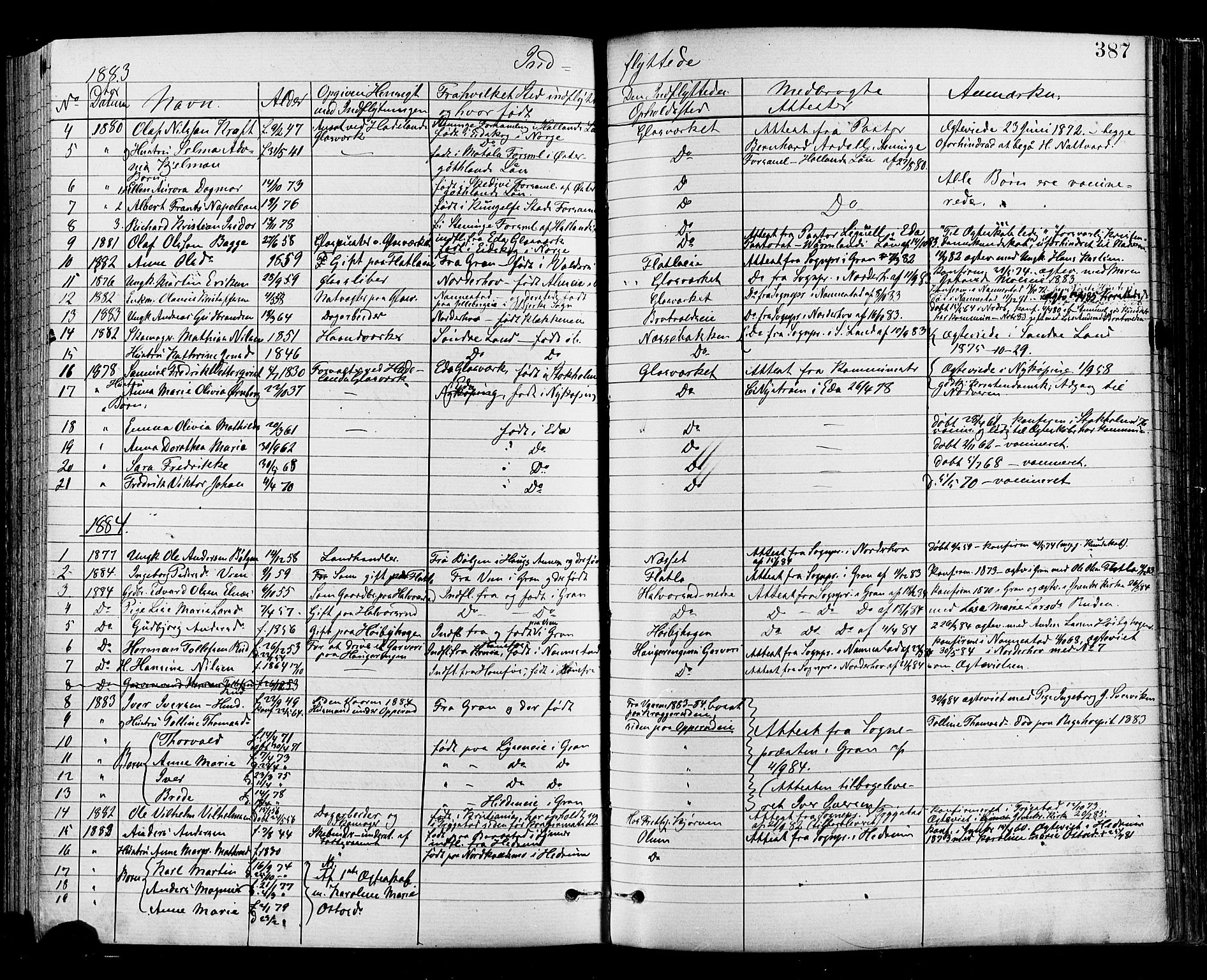 Jevnaker prestekontor, SAH/PREST-116/H/Ha/Haa/L0008: Parish register (official) no. 8, 1877-1890, p. 387