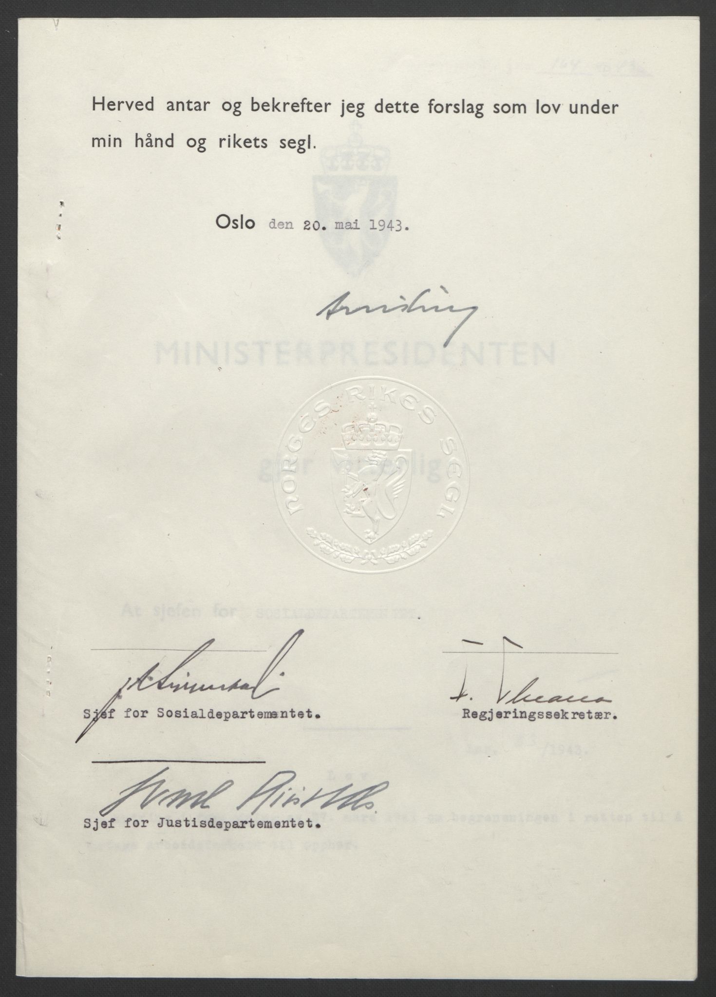 NS-administrasjonen 1940-1945 (Statsrådsekretariatet, de kommisariske statsråder mm), RA/S-4279/D/Db/L0099: Lover, 1943, p. 382