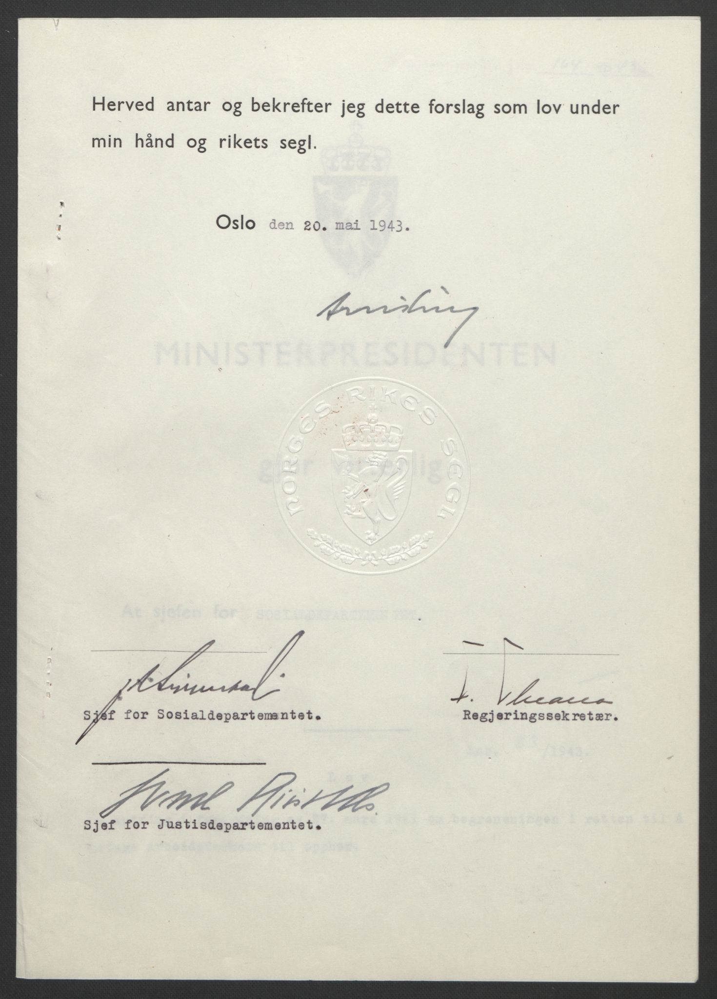 NS-administrasjonen 1940-1945 (Statsrådsekretariatet, de kommisariske statsråder mm), AV/RA-S-4279/D/Db/L0099: Lover, 1943, p. 382