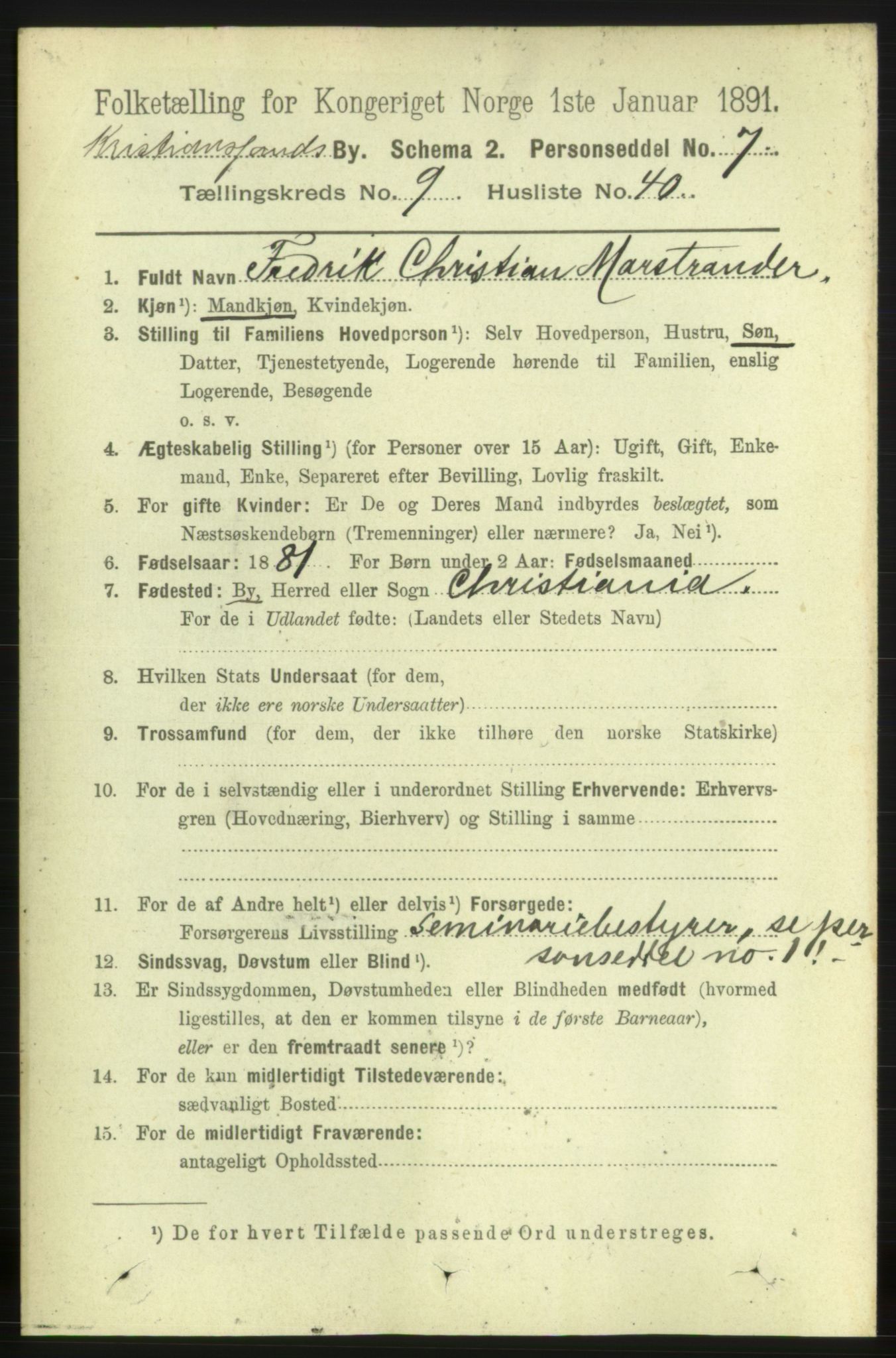 RA, 1891 census for 1001 Kristiansand, 1891, p. 5334