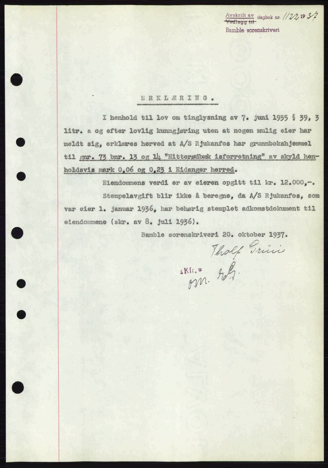 Bamble sorenskriveri, AV/SAKO-A-214/G/Ga/Gag/L0002: Mortgage book no. A-2, 1937-1938, Diary no: : 1122/1937