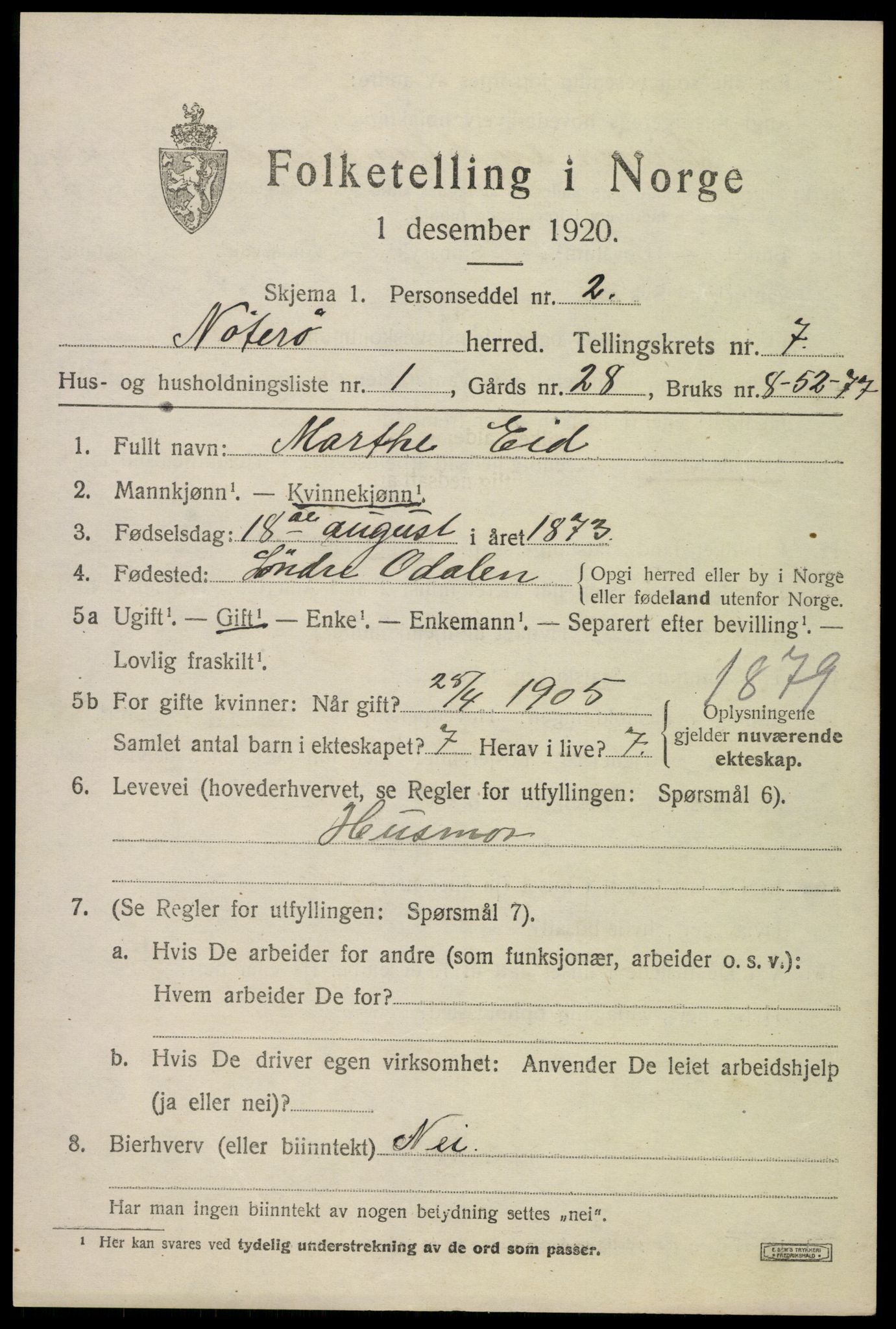 SAKO, 1920 census for Nøtterøy, 1920, p. 9471