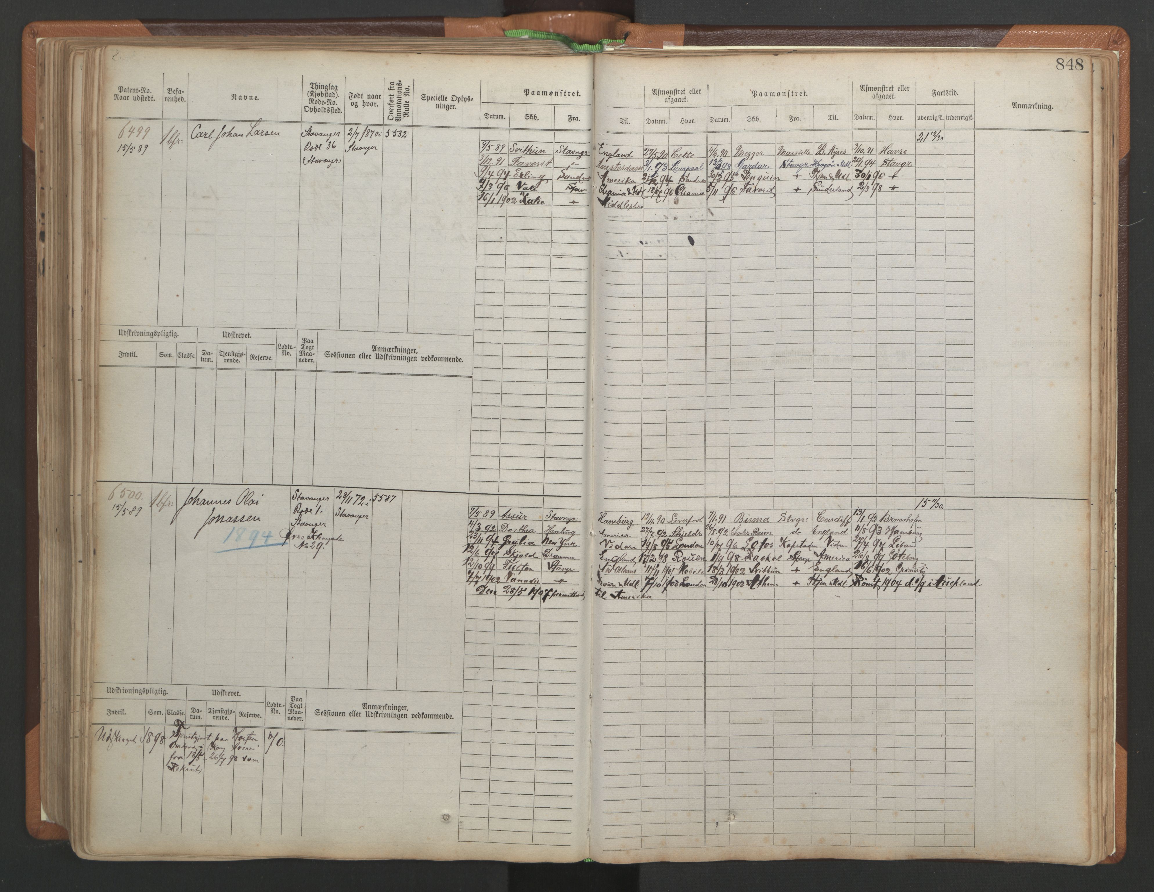 Stavanger sjømannskontor, SAST/A-102006/F/Fb/Fbb/L0010: Sjøfartshovedrulle, patentnr. 6007-6606 (del 1), 1887-1896, p. 252