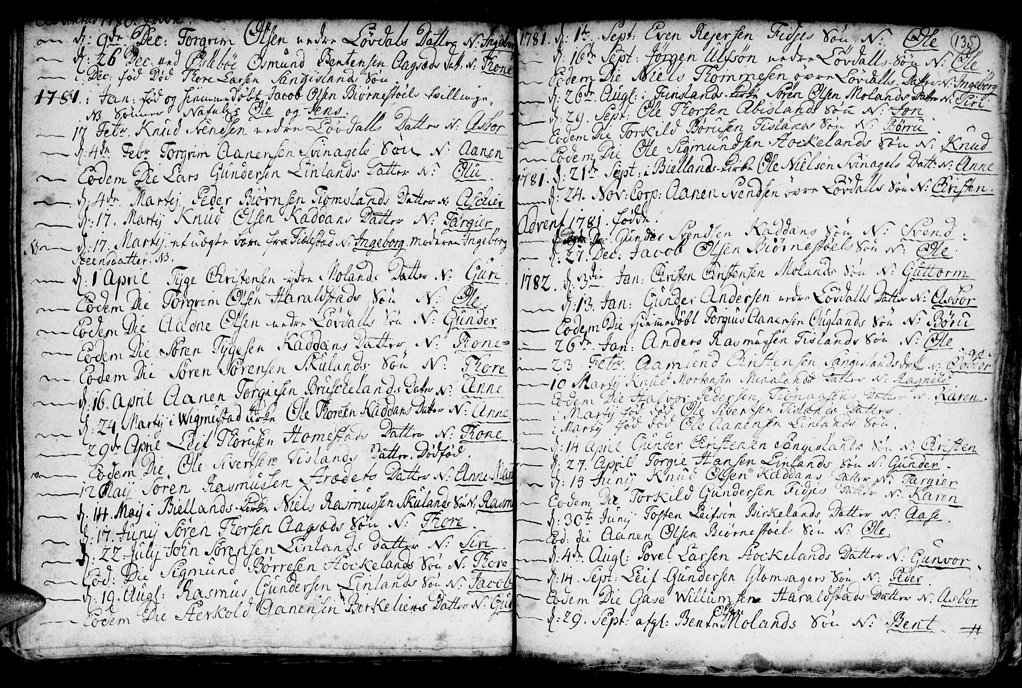 Holum sokneprestkontor, SAK/1111-0022/F/Fb/Fba/L0001: Parish register (copy) no. B 1 /3, 1770-1802, p. 135