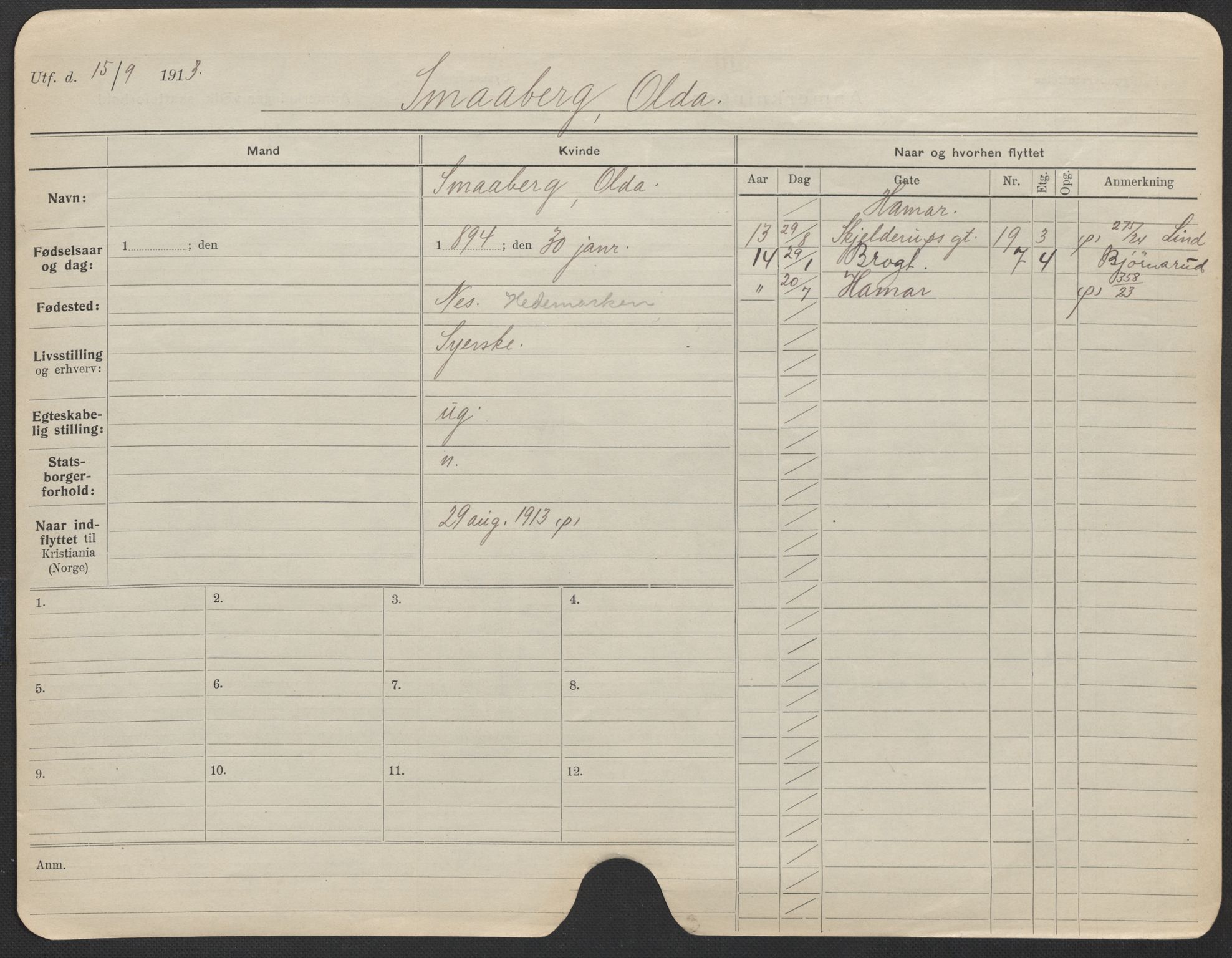 Oslo folkeregister, Registerkort, AV/SAO-A-11715/F/Fa/Fac/L0024: Kvinner, 1906-1914, p. 19a