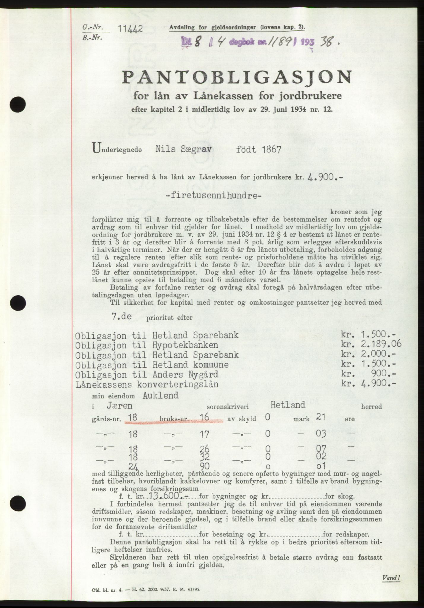 Jæren sorenskriveri, SAST/A-100310/03/G/Gba/L0070: Mortgage book, 1938-1938, Diary no: : 1189/1938