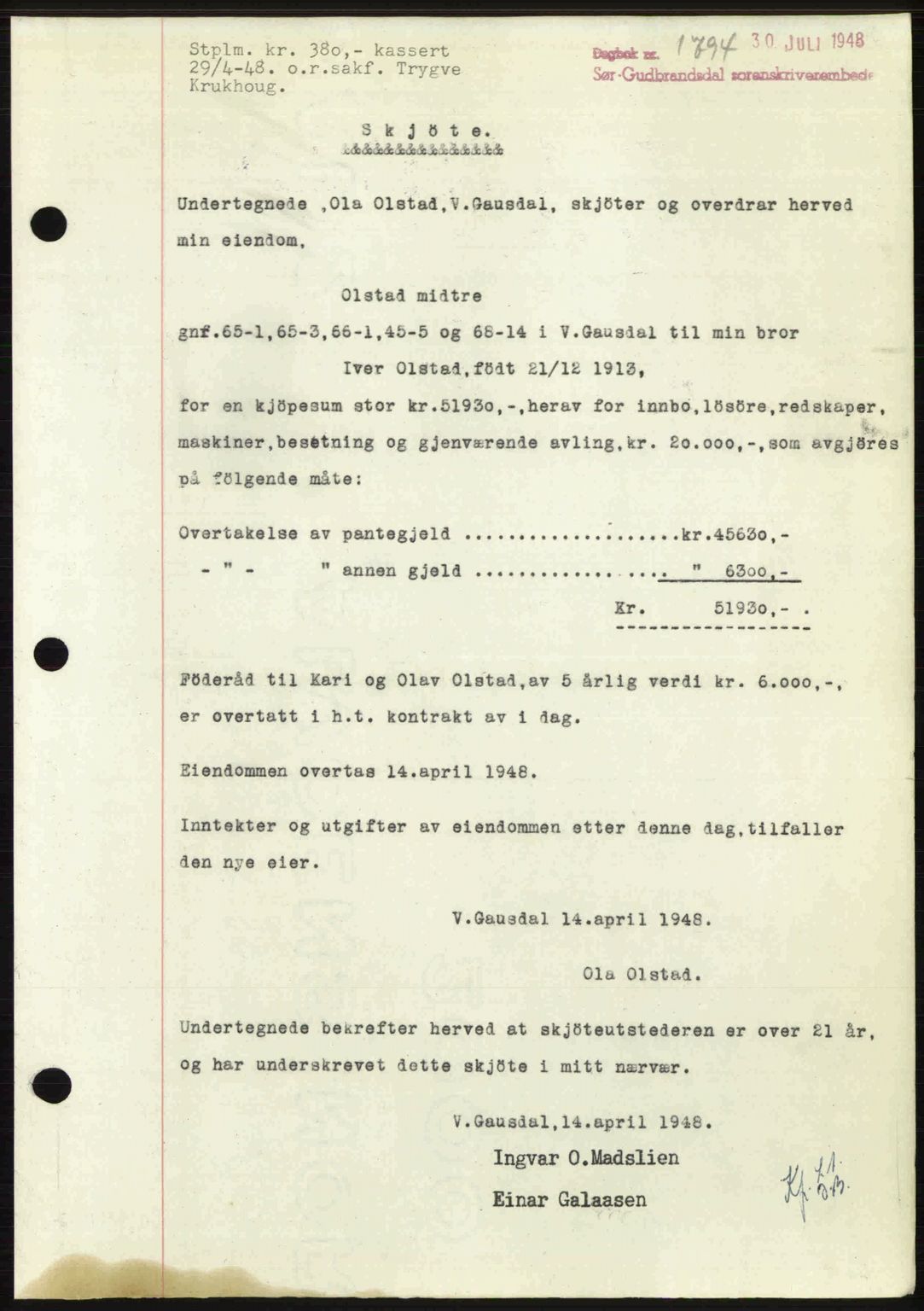 Sør-Gudbrandsdal tingrett, SAH/TING-004/H/Hb/Hbd/L0022: Mortgage book no. A22, 1948-1948, Diary no: : 1794/1948