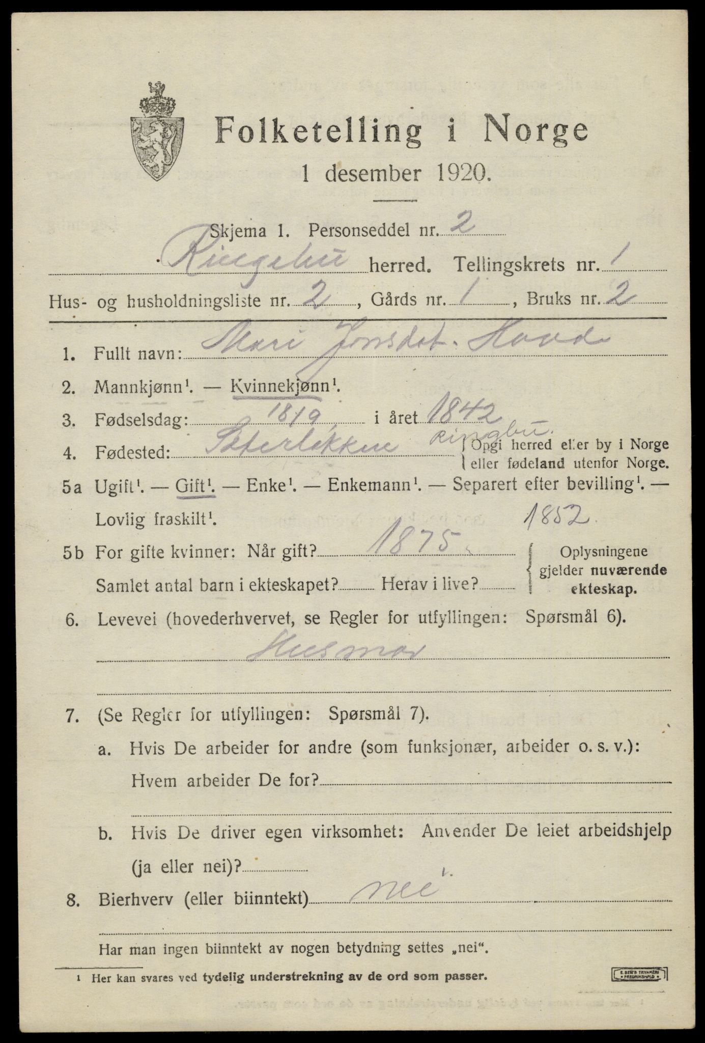 SAH, 1920 census for Ringebu, 1920, p. 1685