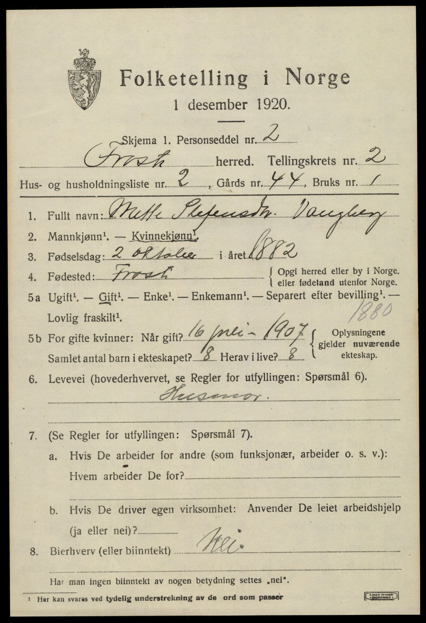 SAT, 1920 census for Frosta, 1920, p. 2336