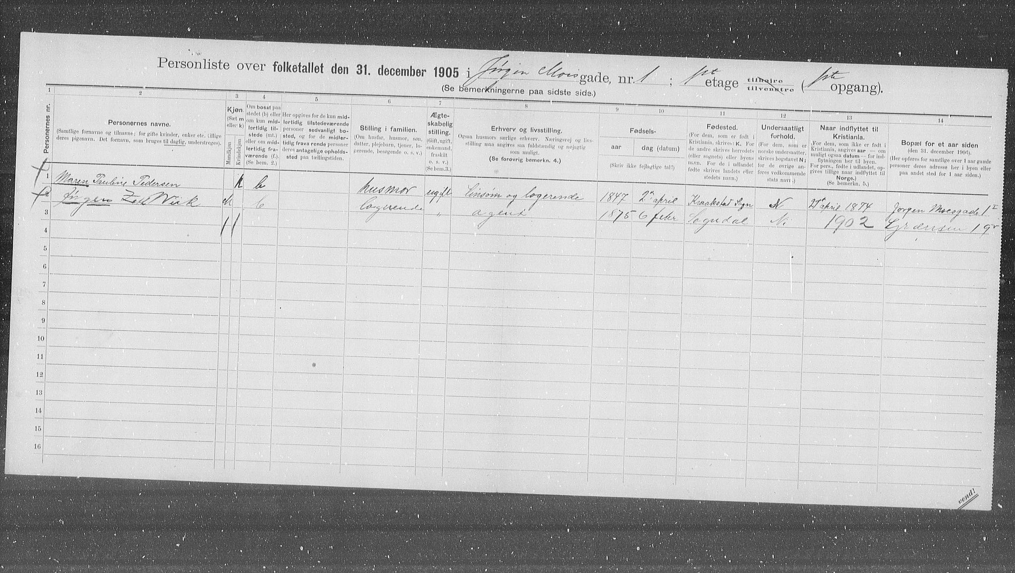 OBA, Municipal Census 1905 for Kristiania, 1905, p. 25039