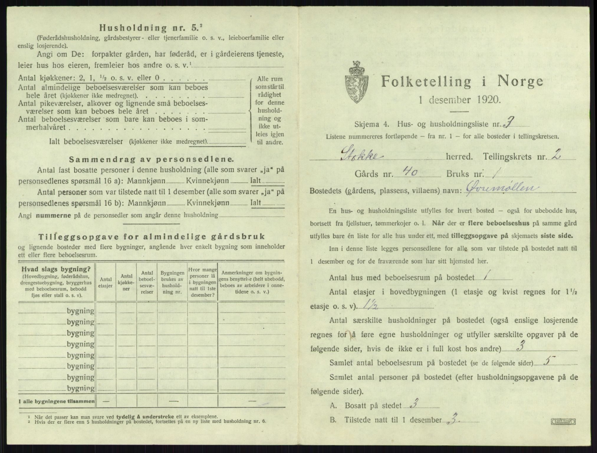 SAKO, 1920 census for Stokke, 1920, p. 270