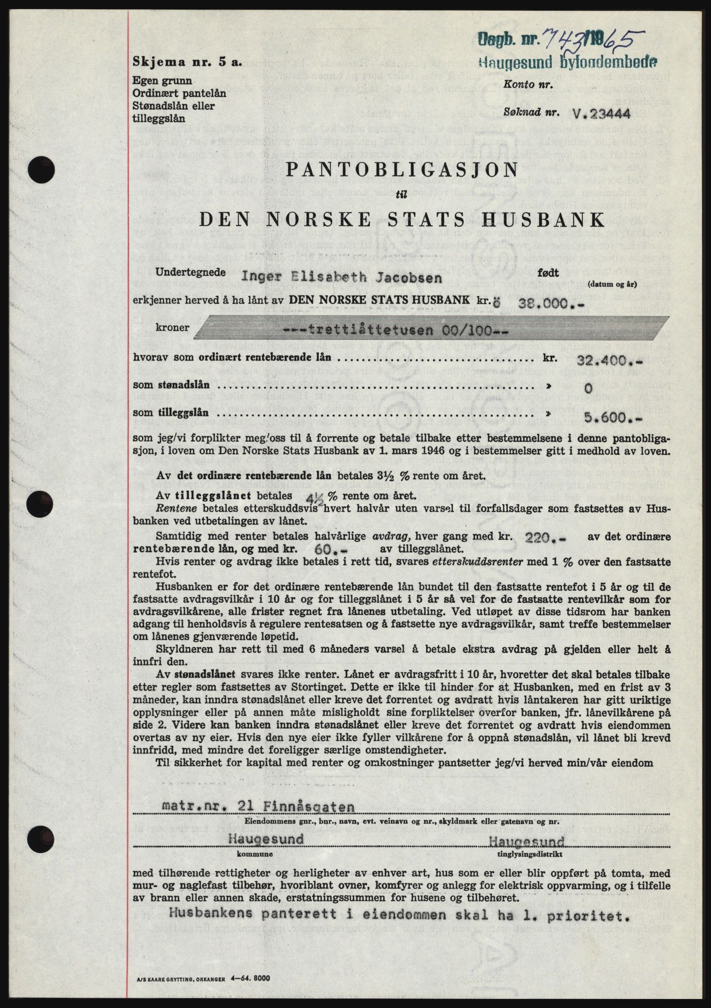 Haugesund tingrett, SAST/A-101415/01/II/IIC/L0053: Mortgage book no. B 53, 1965-1965, Diary no: : 743/1965