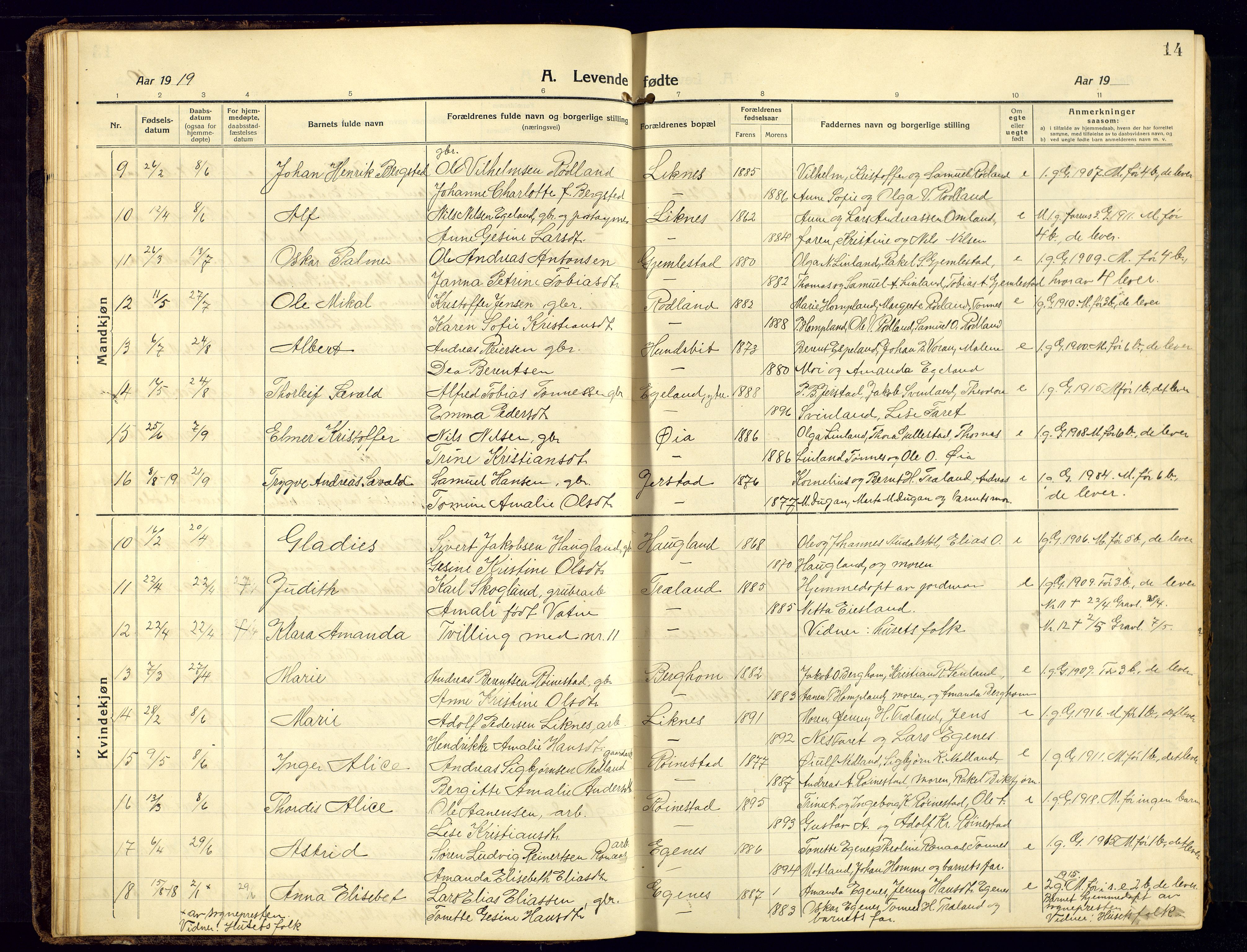 Kvinesdal sokneprestkontor, SAK/1111-0026/F/Fb/Fbb/L0004: Parish register (copy) no. B 4, 1917-1938, p. 14