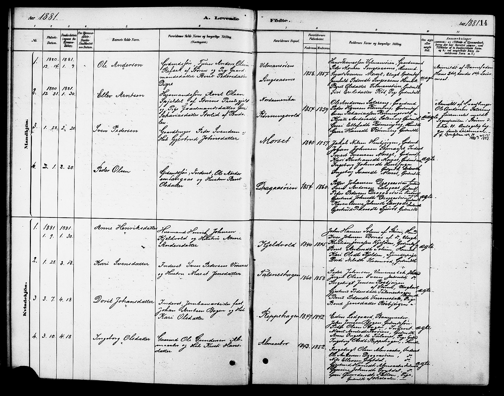 Ministerialprotokoller, klokkerbøker og fødselsregistre - Sør-Trøndelag, SAT/A-1456/688/L1024: Parish register (official) no. 688A01, 1879-1890, p. 14