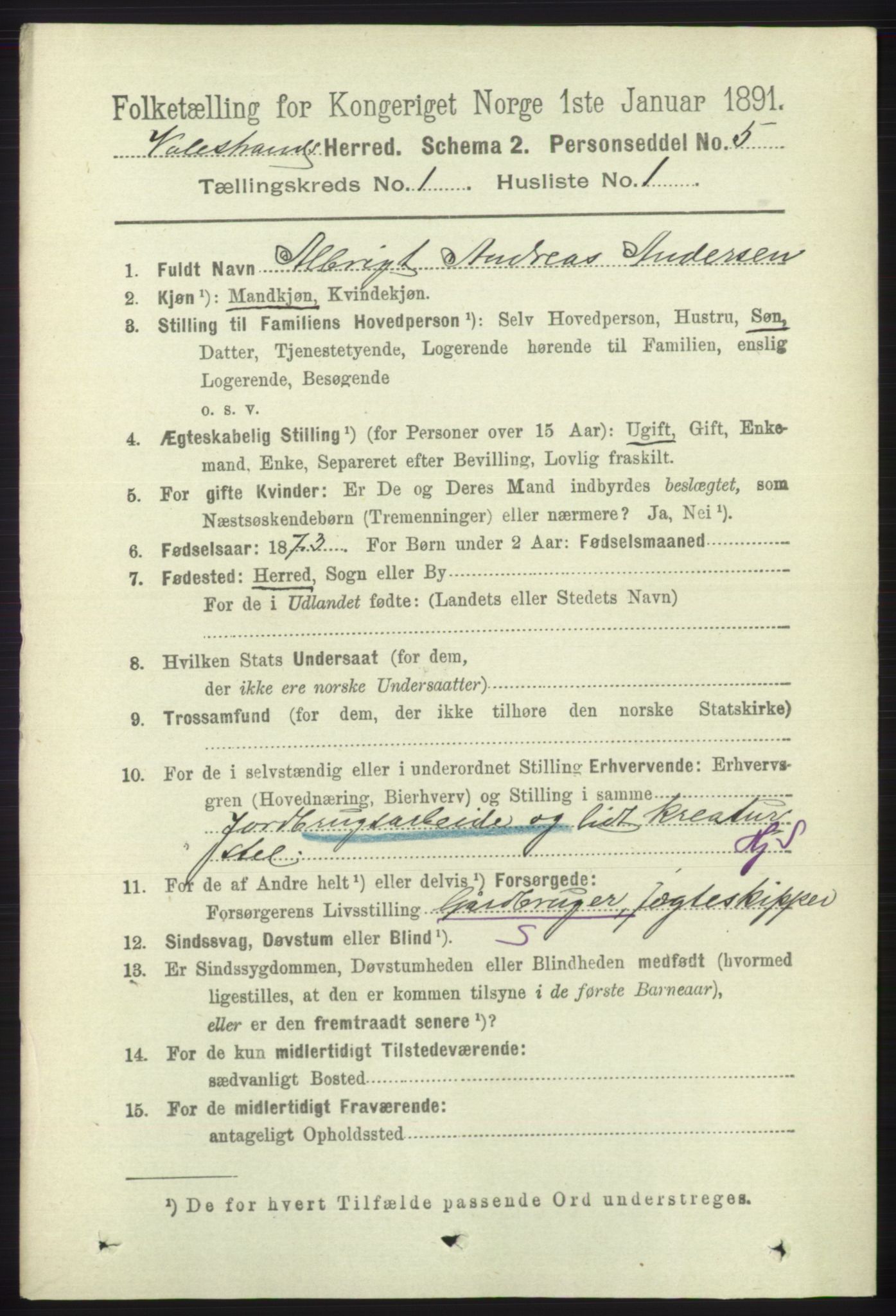 RA, 1891 census for 1217 Valestrand, 1891, p. 60