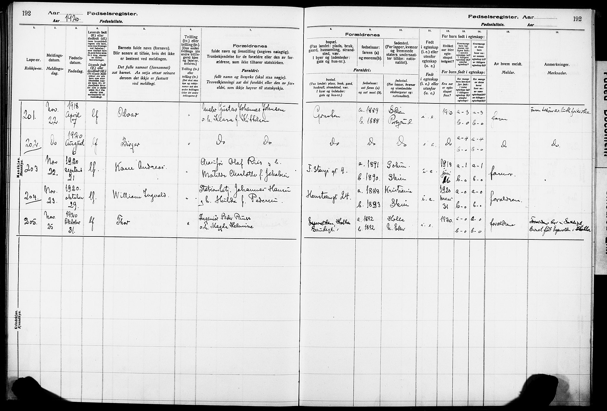 Skien kirkebøker, AV/SAKO-A-302/J/Ja/L0001: Birth register no. 1, 1916-1920, p. 192