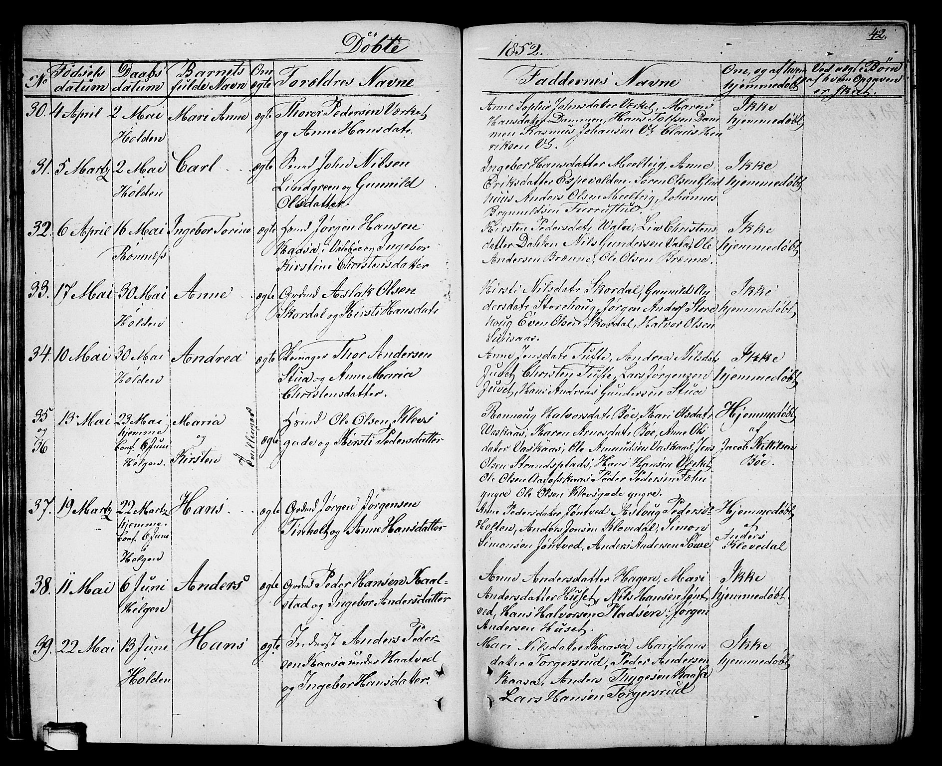 Holla kirkebøker, AV/SAKO-A-272/G/Ga/L0003: Parish register (copy) no. I 3, 1849-1866, p. 42