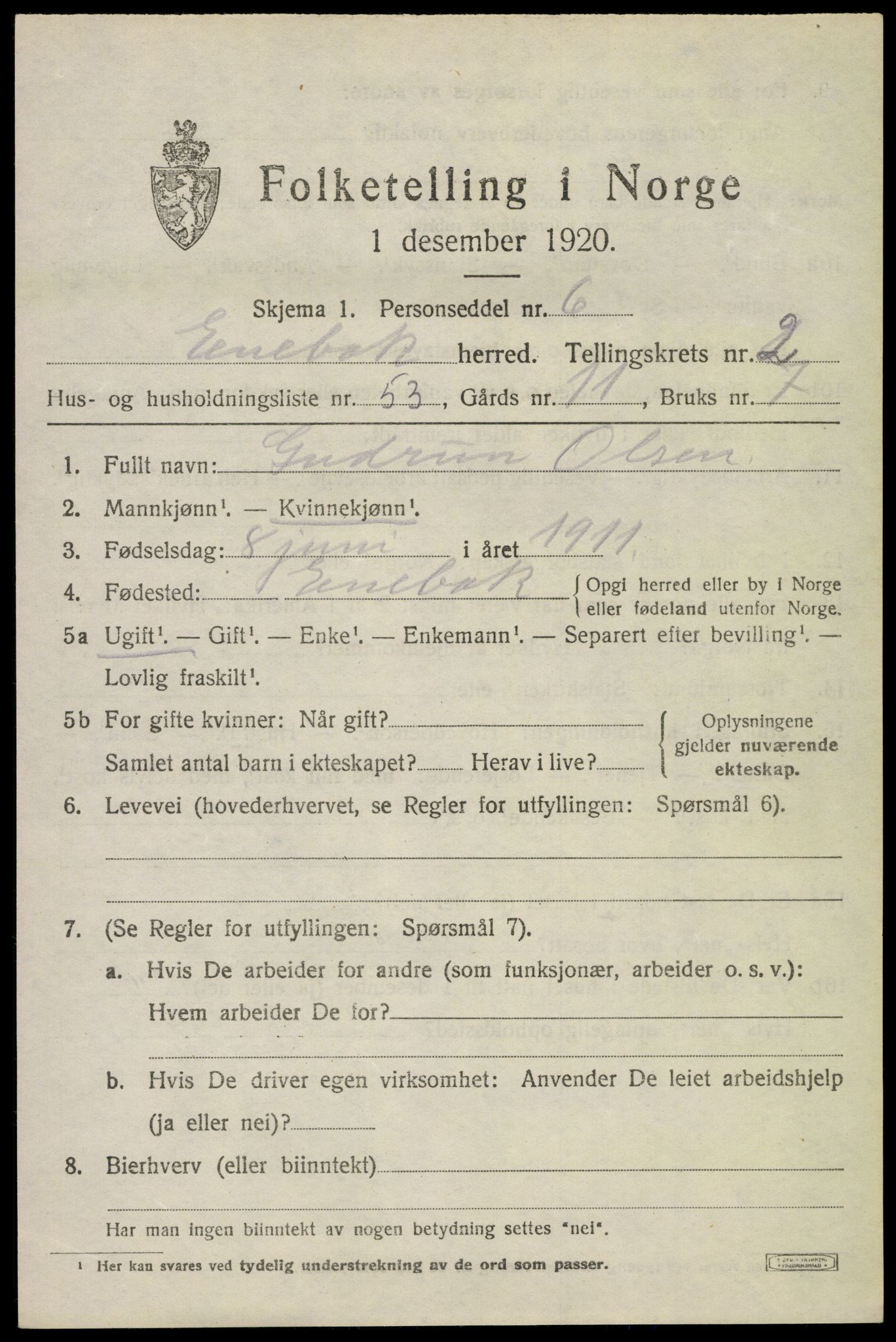 SAO, 1920 census for Enebakk, 1920, p. 2741