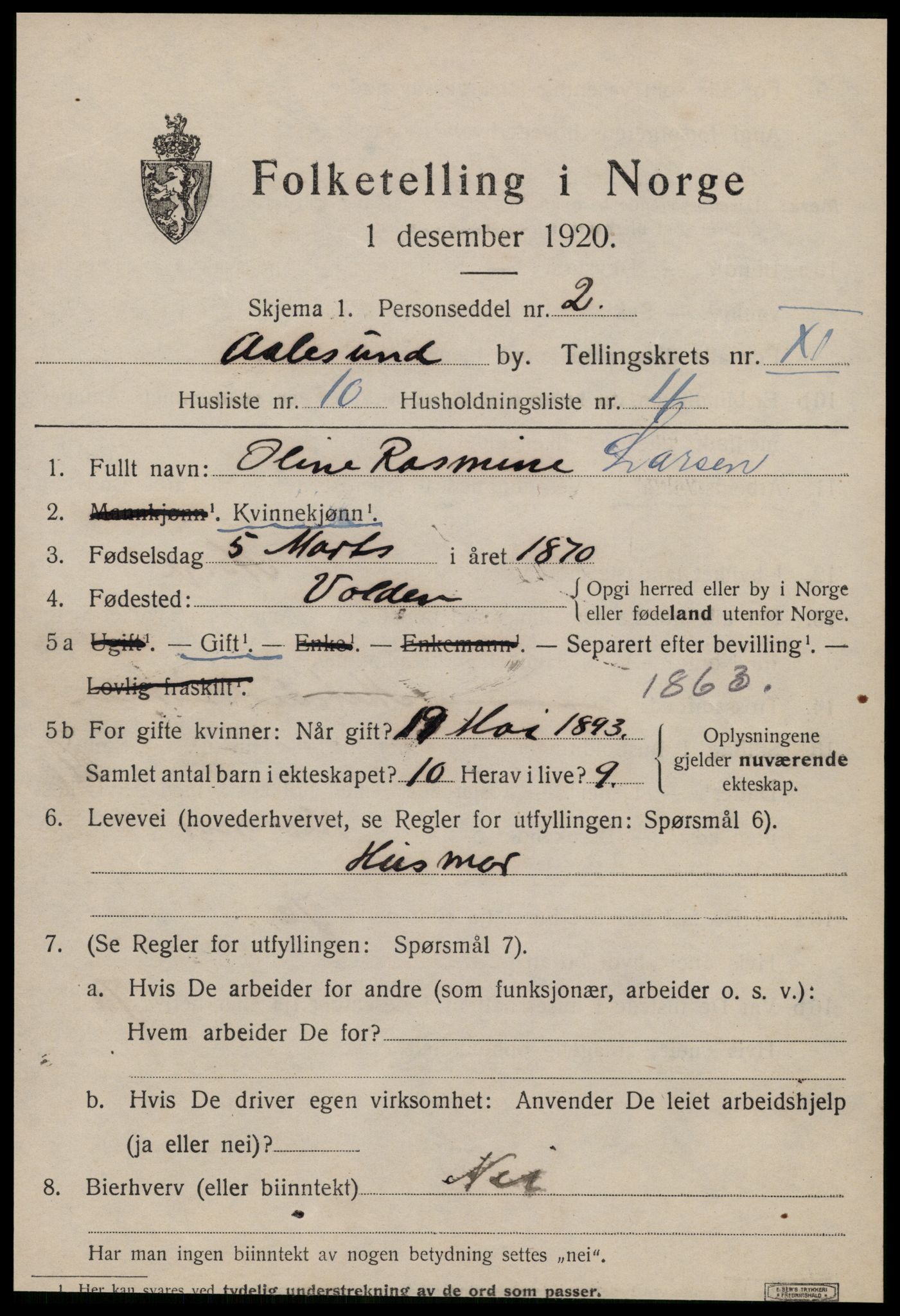 SAT, 1920 census for Ålesund, 1920, p. 24922