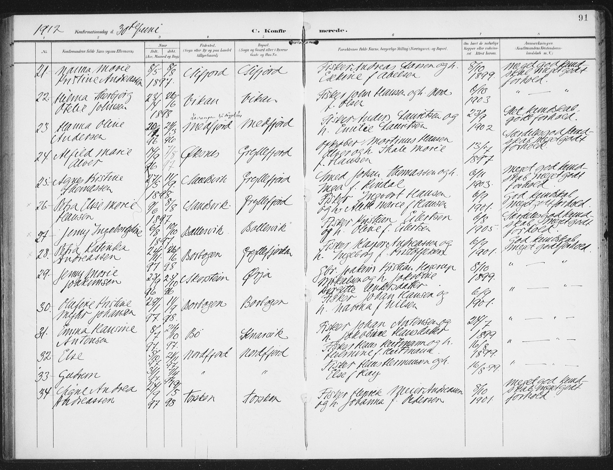 Berg sokneprestkontor, AV/SATØ-S-1318/G/Ga/Gaa/L0008kirke: Parish register (official) no. 8, 1904-1916, p. 91