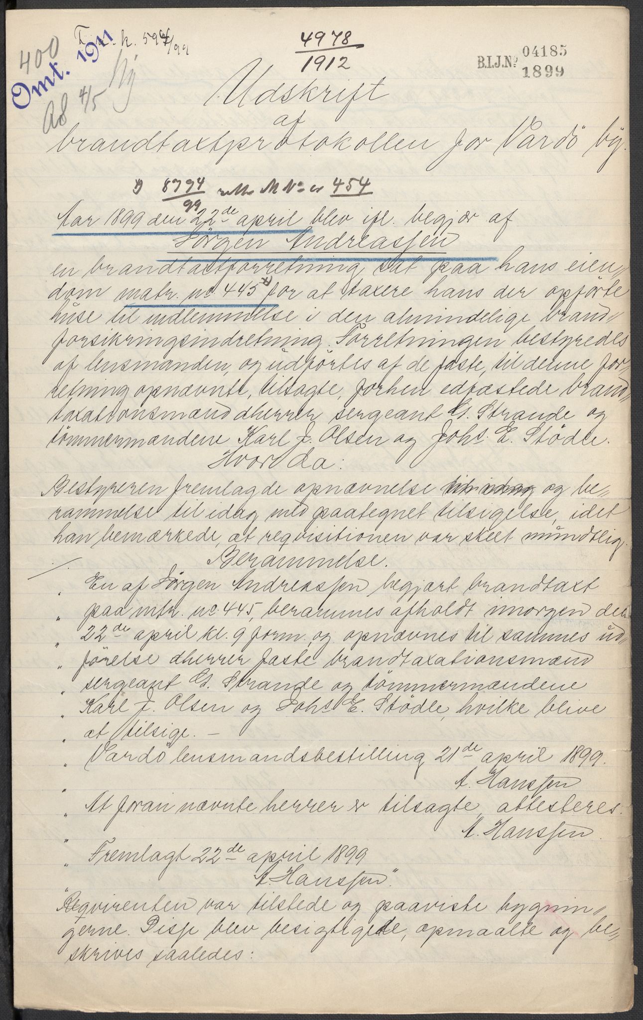 Norges Brannkasse, AV/RA-S-1549/E/Eu/L0019: Branntakster for Vardø by, 1889-1955, p. 5
