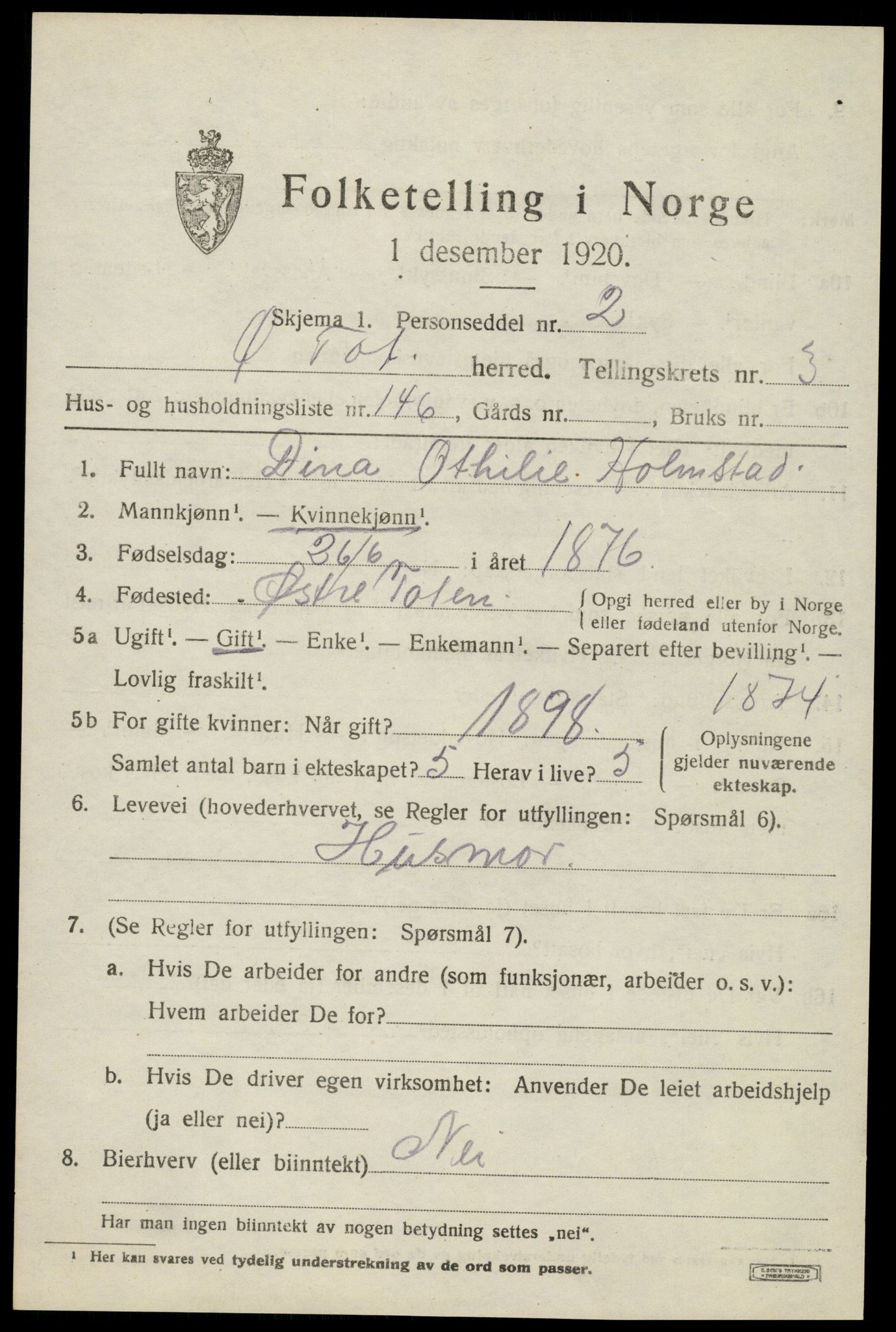 SAH, 1920 census for Østre Toten, 1920, p. 7634