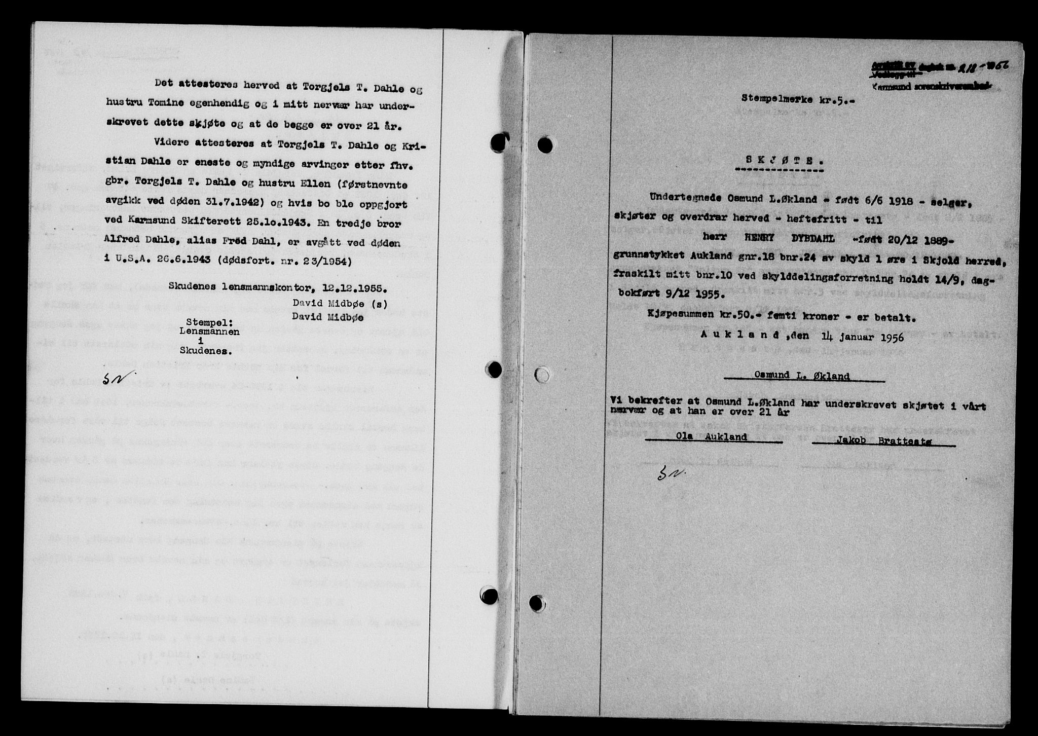 Karmsund sorenskriveri, SAST/A-100311/01/II/IIB/L0118: Mortgage book no. 98A, 1955-1956, Diary no: : 218/1956